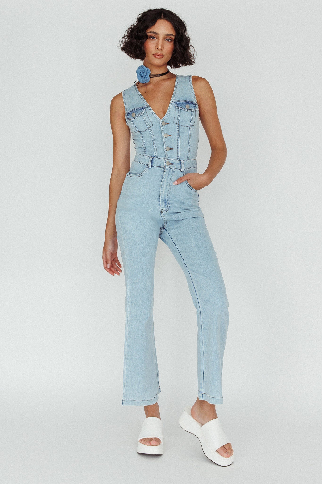 Jazelle Button Front Jumpsuit Washed Blue by Selfie Leslie Australia