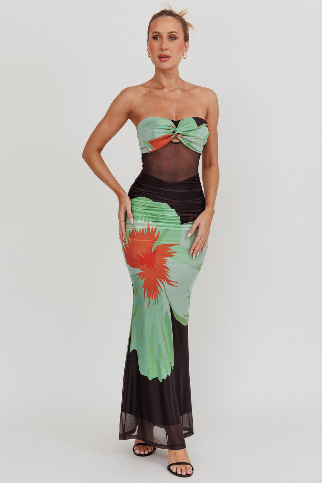 Oliana Sheer Waist Floral Maxi Dress Black by Selfie Leslie Australia