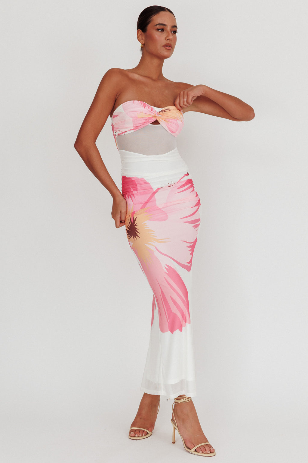 Oliana Sheer Waist Floral Maxi Dress White by Selfie Leslie Australia