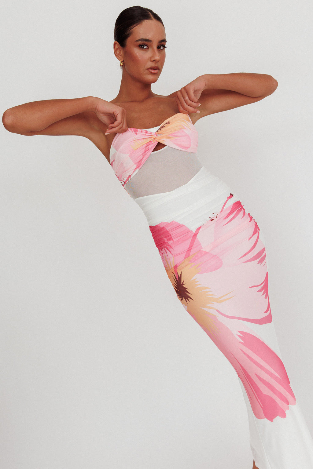 Oliana Sheer Waist Floral Maxi Dress White by Selfie Leslie Australia