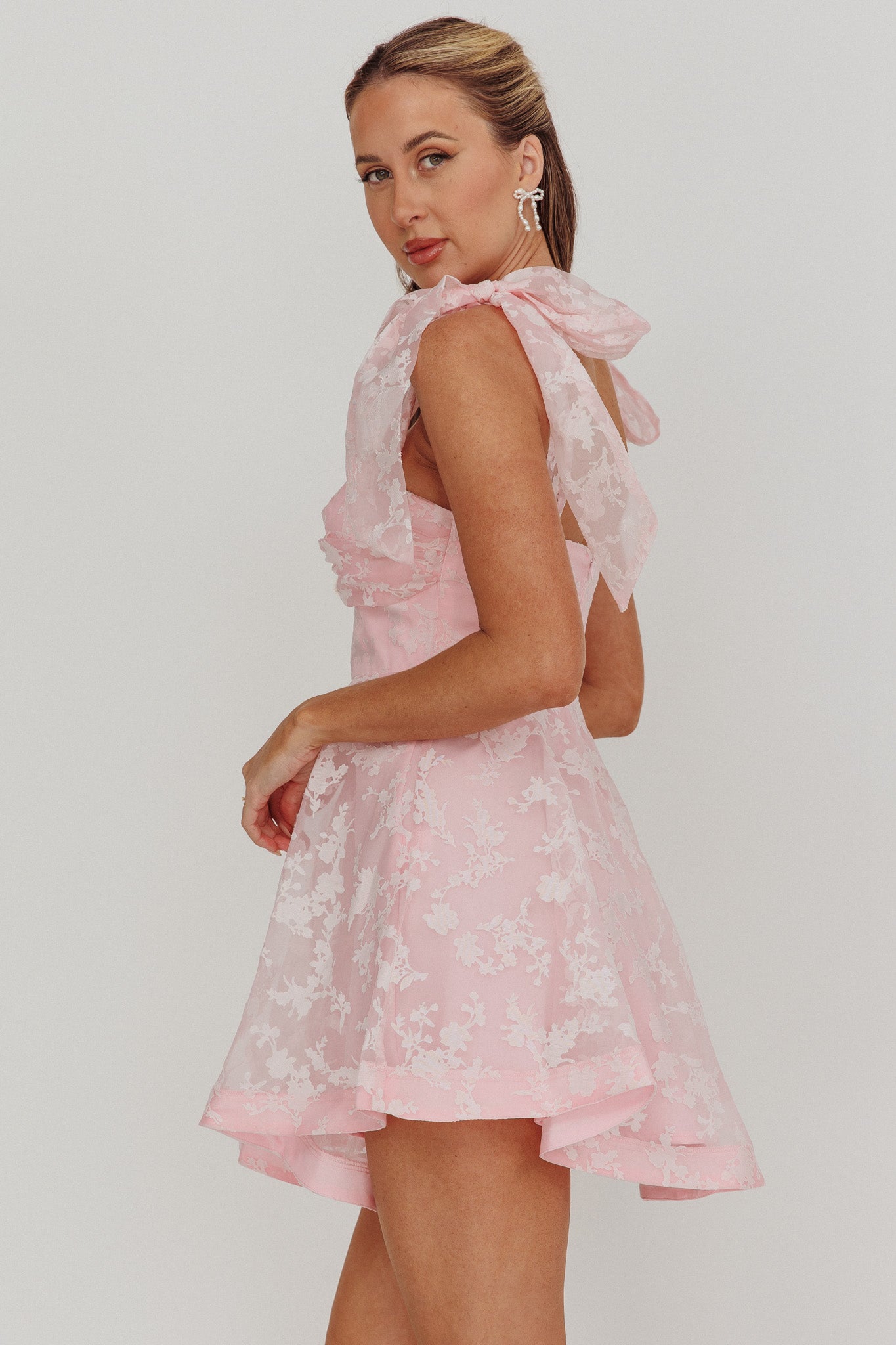 Oliana Tied Shoulders Keyhole Mini Dress Blush by Selfie Leslie Australia