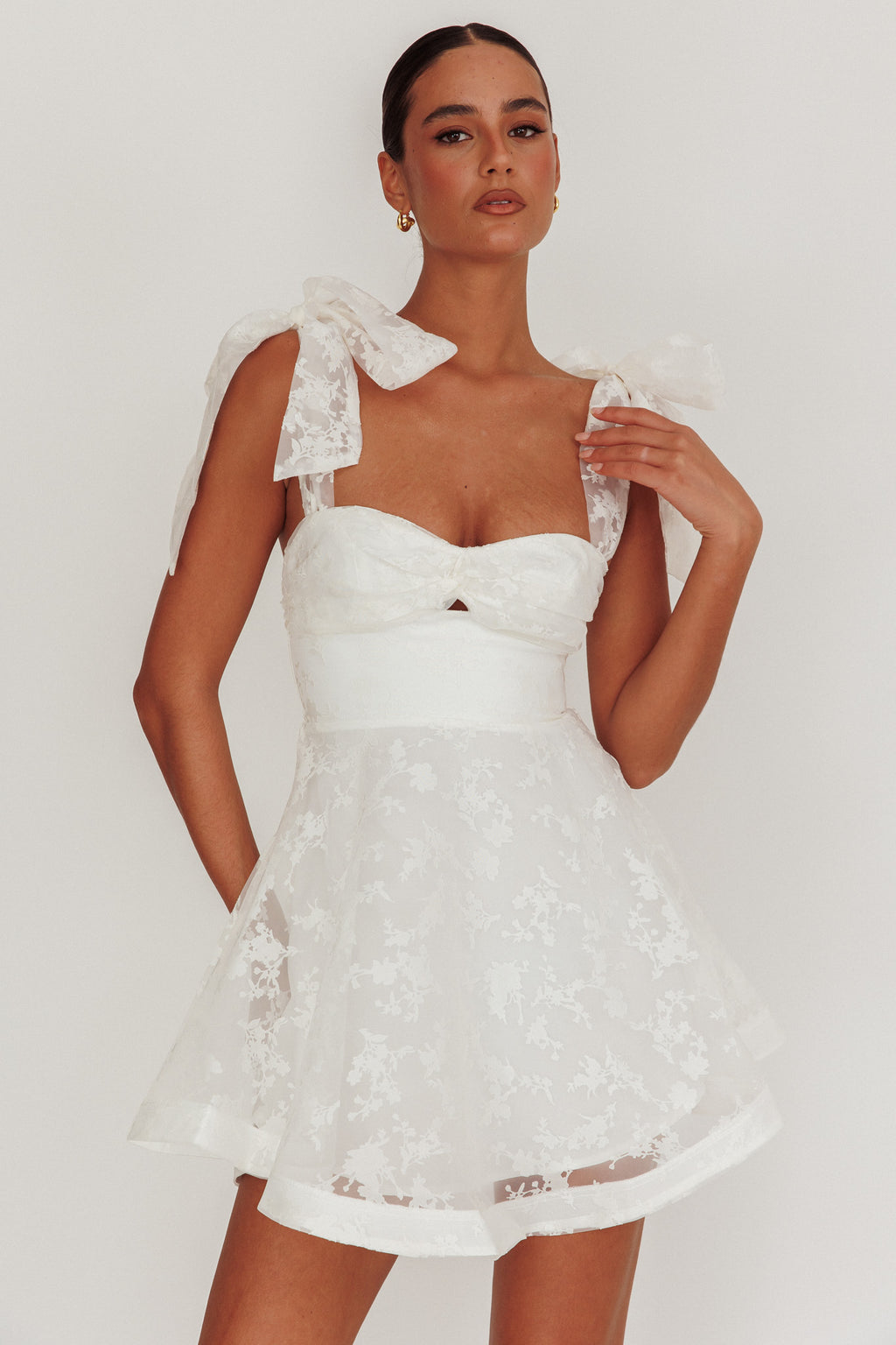 Oliana Tied Shoulders Keyhole Mini Dress White by Selfie Leslie Australia