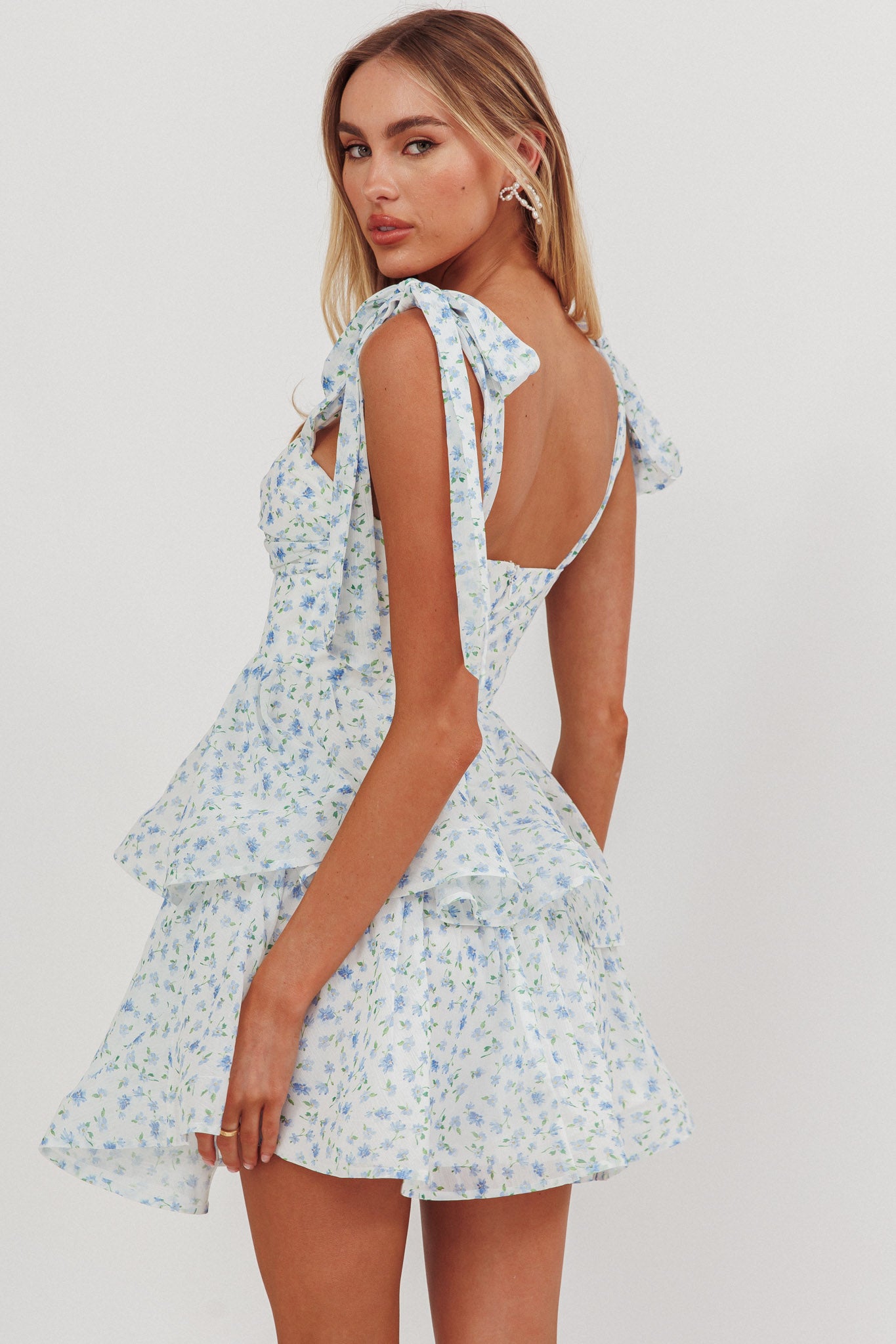 Oliana Tied Shoulder Tiered Mini Dress Floral Blue by Selfie Leslie Australia