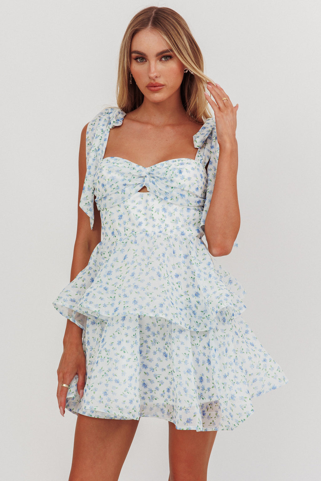 Oliana Tied Shoulder Tiered Mini Dress Floral Blue by Selfie Leslie Australia