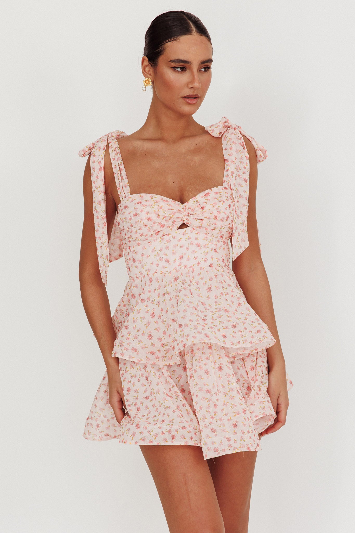 Oliana Tied Shoulder Tiered Mini Dress Peach by Selfie Leslie Australia