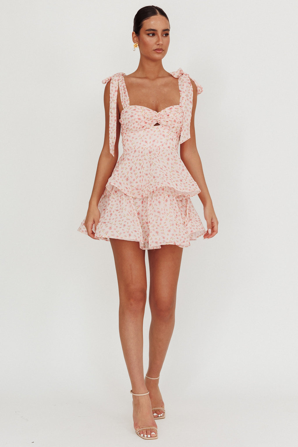 Oliana Tied Shoulder Tiered Mini Dress Peach by Selfie Leslie Australia