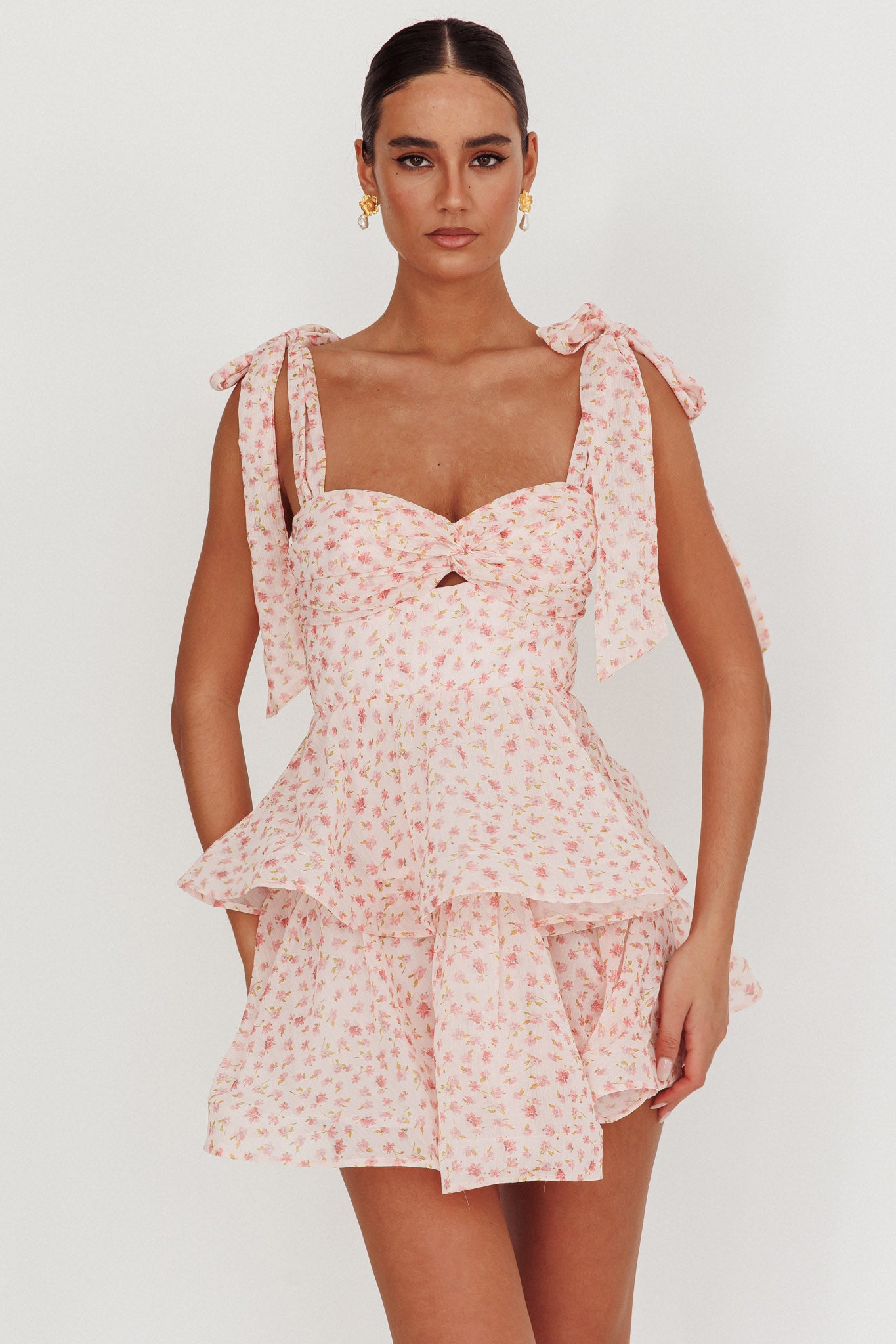 Oliana Tied Shoulder Tiered Mini Dress Peach by Selfie Leslie Australia