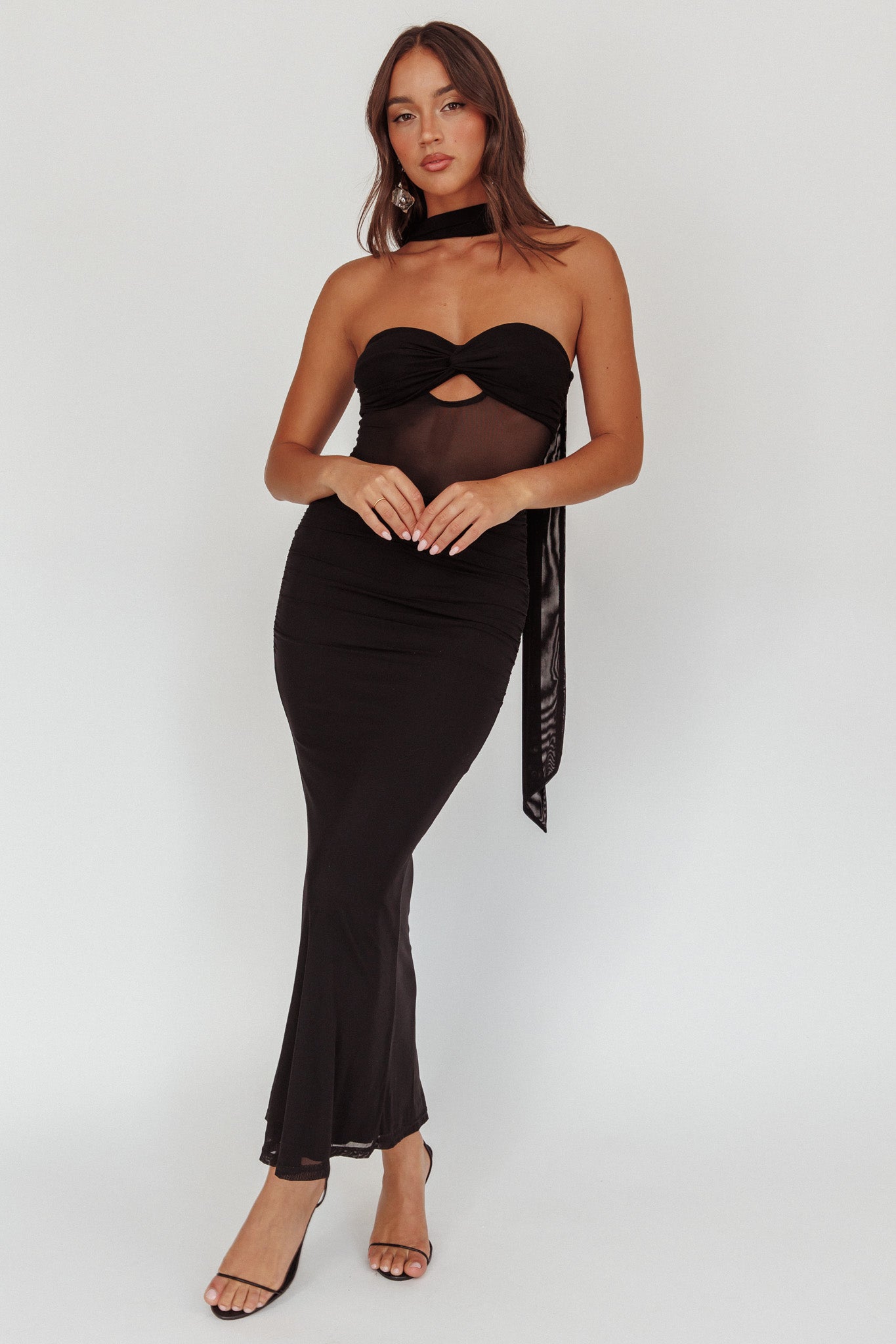 Oliana Strapless Mesh Maxi Dress Black by Selfie Leslie Australia
