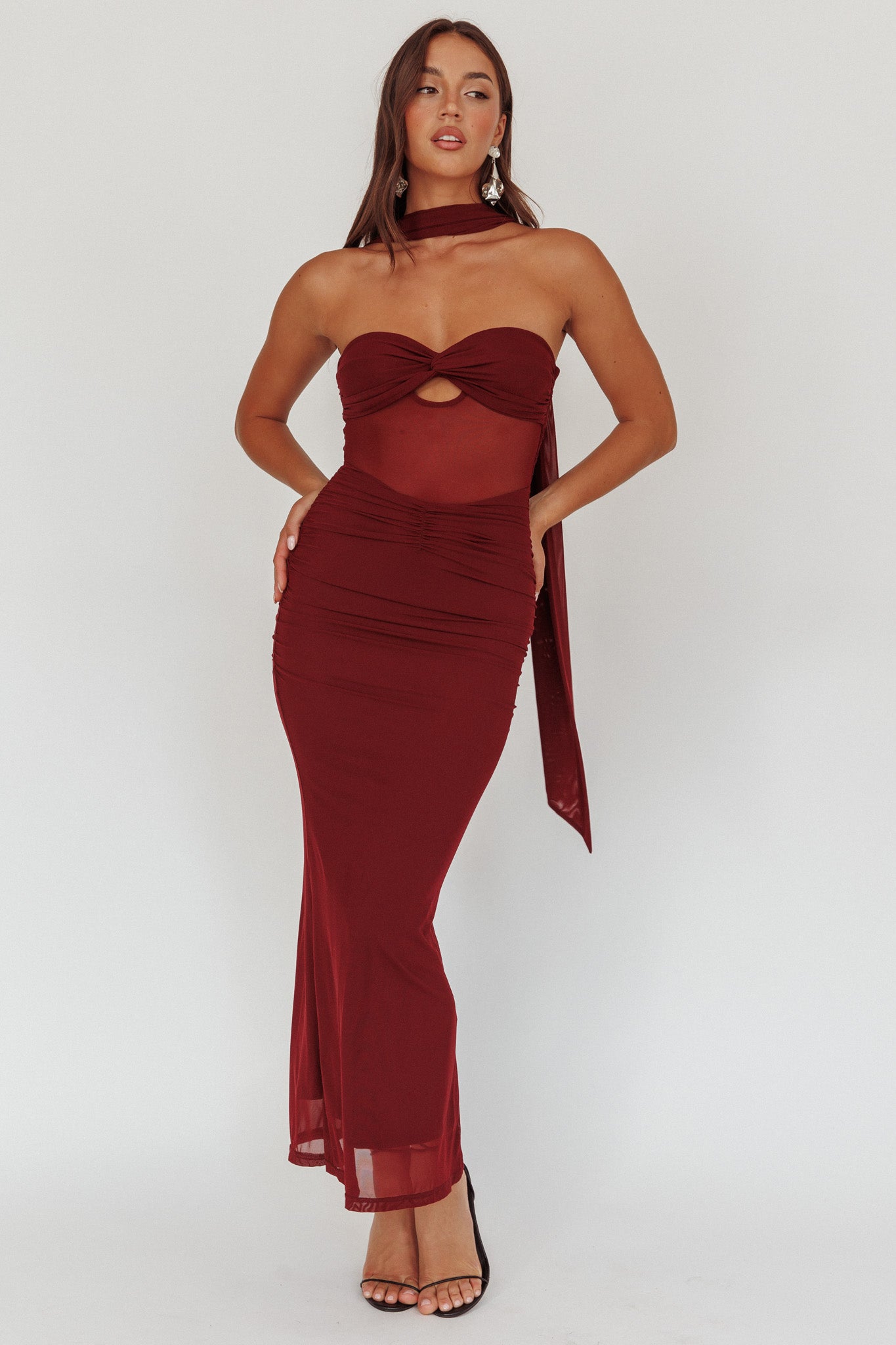Oliana Strapless Mesh Maxi Dress Wine by Selfie Leslie Australia