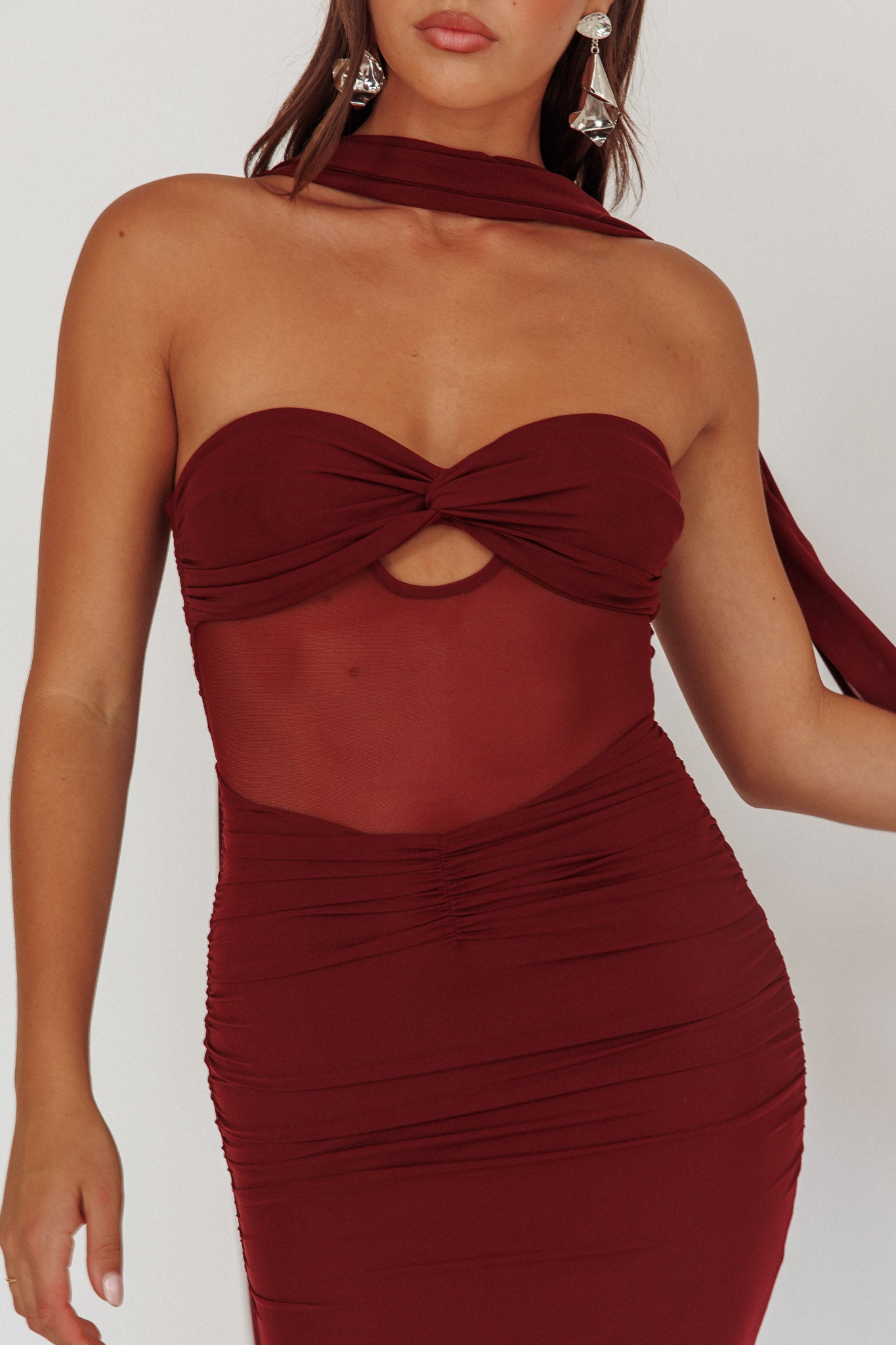 Oliana Strapless Mesh Maxi Dress Wine by Selfie Leslie Australia