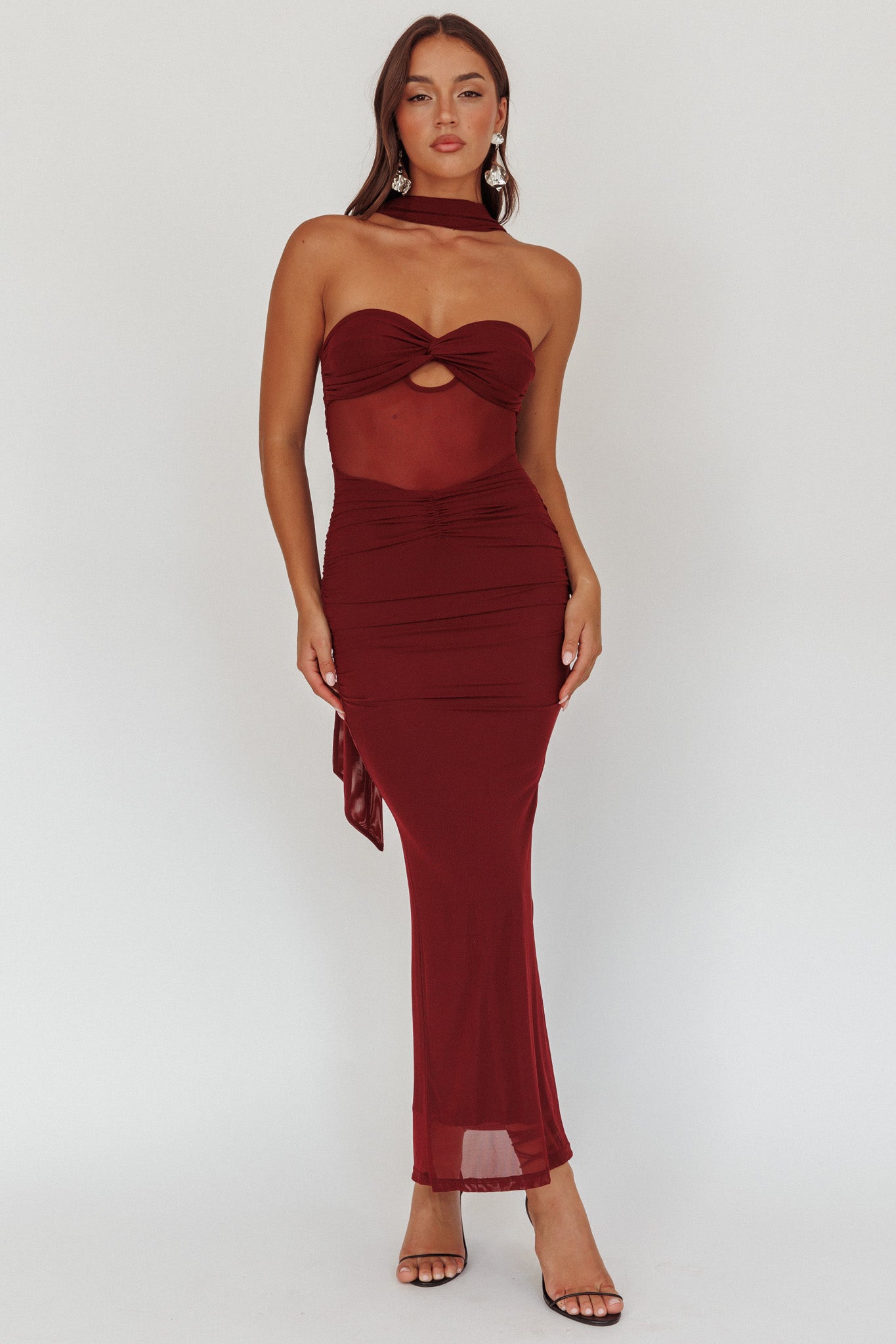 Oliana Strapless Mesh Maxi Dress Wine by Selfie Leslie Australia