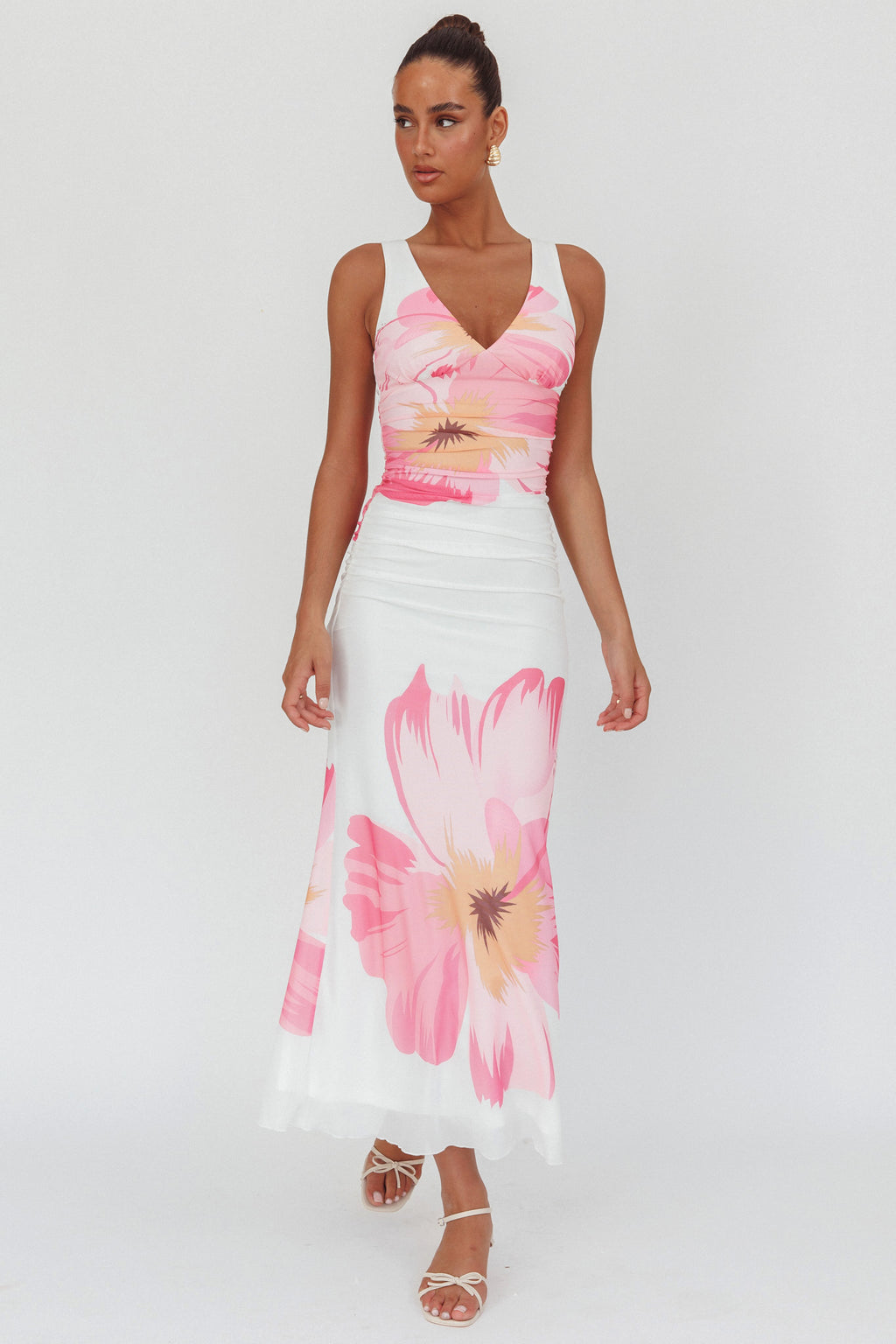 Oliana V-Neck Mesh Maxi Dress Hibiscus White/Pink by Selfie Leslie Australia
