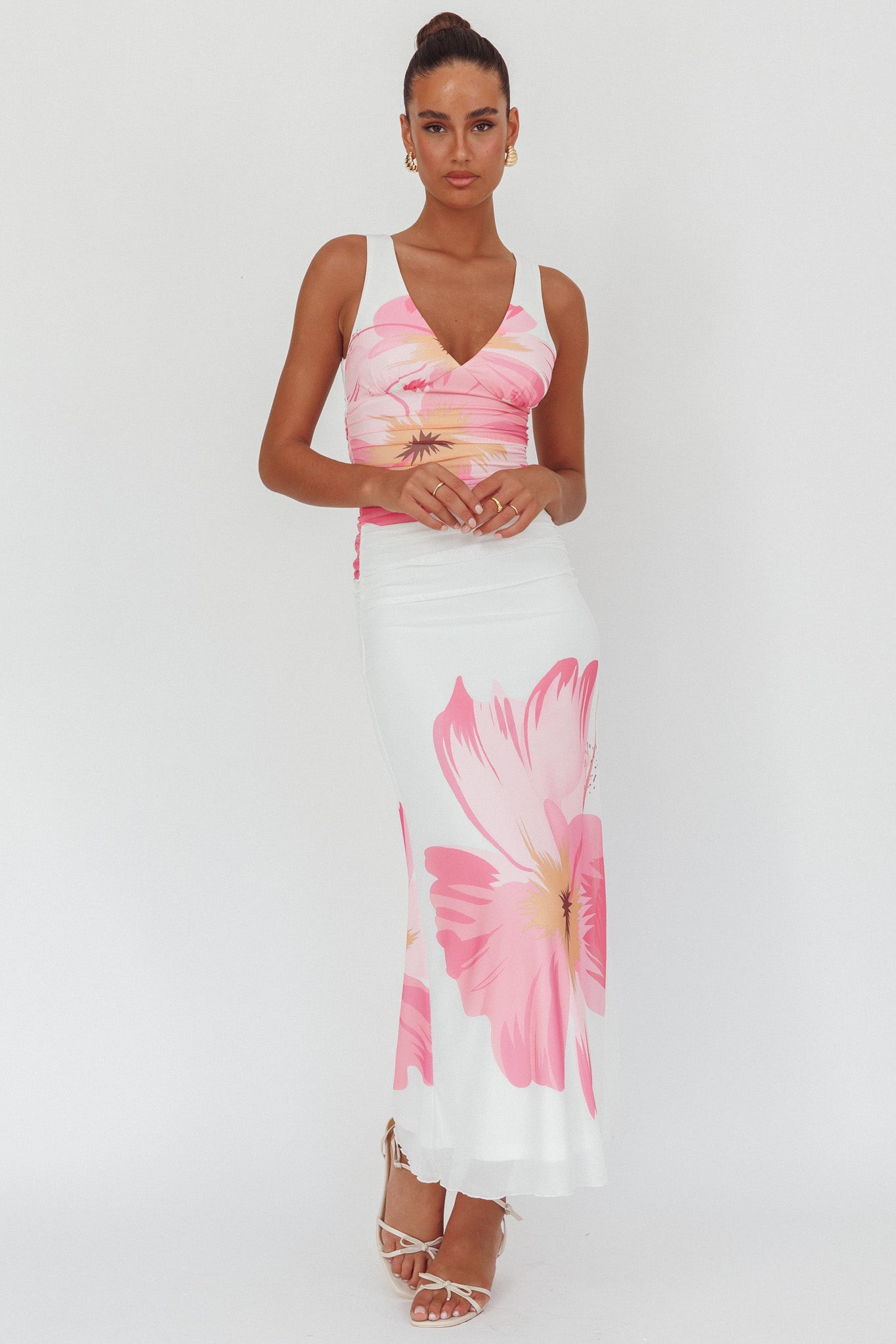 Oliana V-Neck Mesh Maxi Dress Hibiscus White/Pink by Selfie Leslie Australia