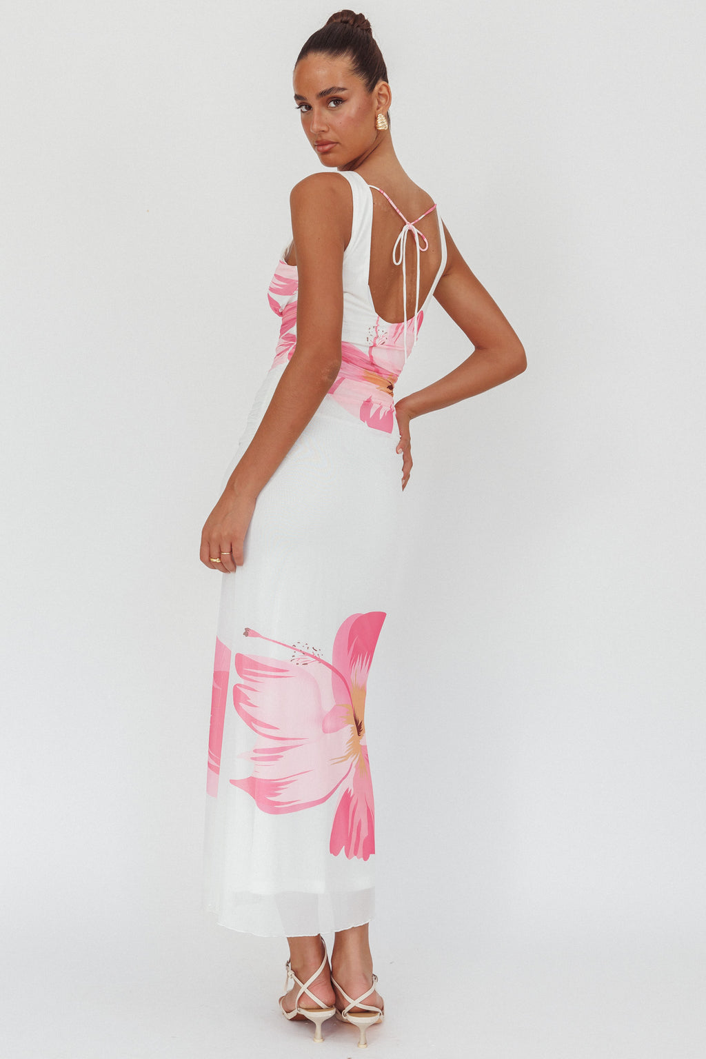 Oliana V-Neck Mesh Maxi Dress Hibiscus White/Pink by Selfie Leslie Australia