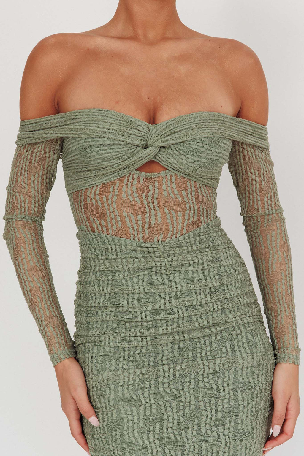 Oliana Off-Shoulder Mesh Maxi Dress Fern by Selfie Leslie Australia