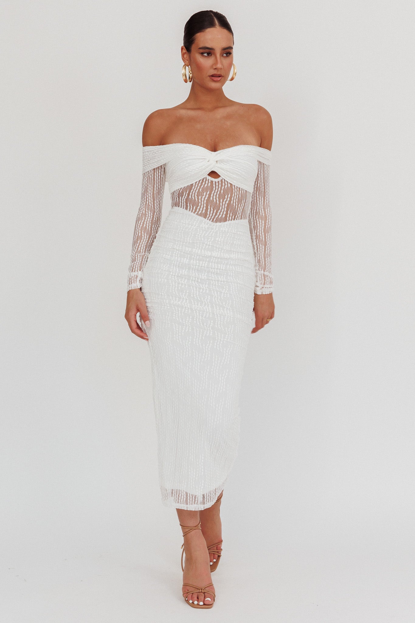 Oliana Off-Shoulder Mesh Maxi Dress White by Selfie Leslie Australia