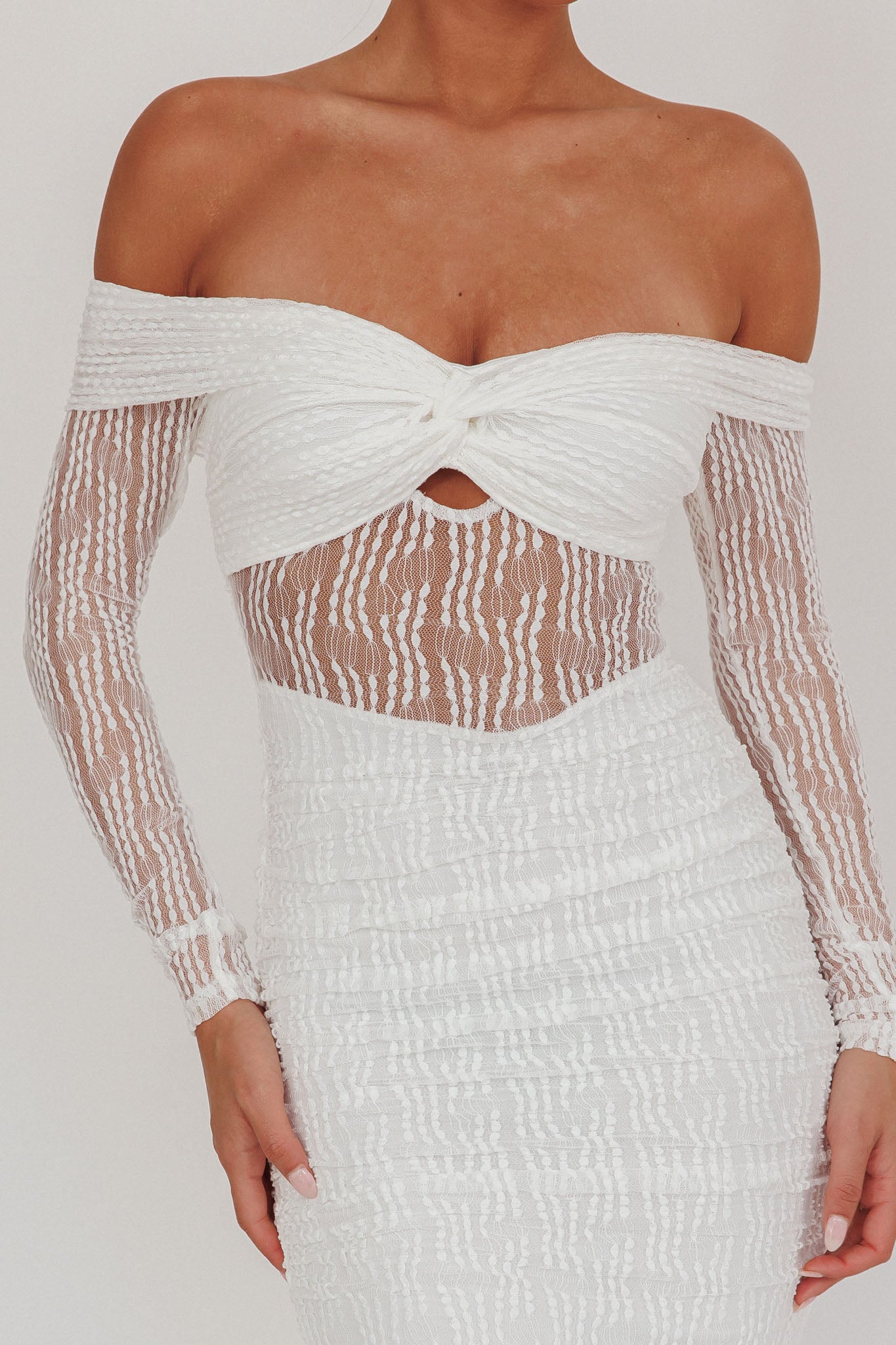Oliana Off-Shoulder Mesh Maxi Dress White by Selfie Leslie Australia