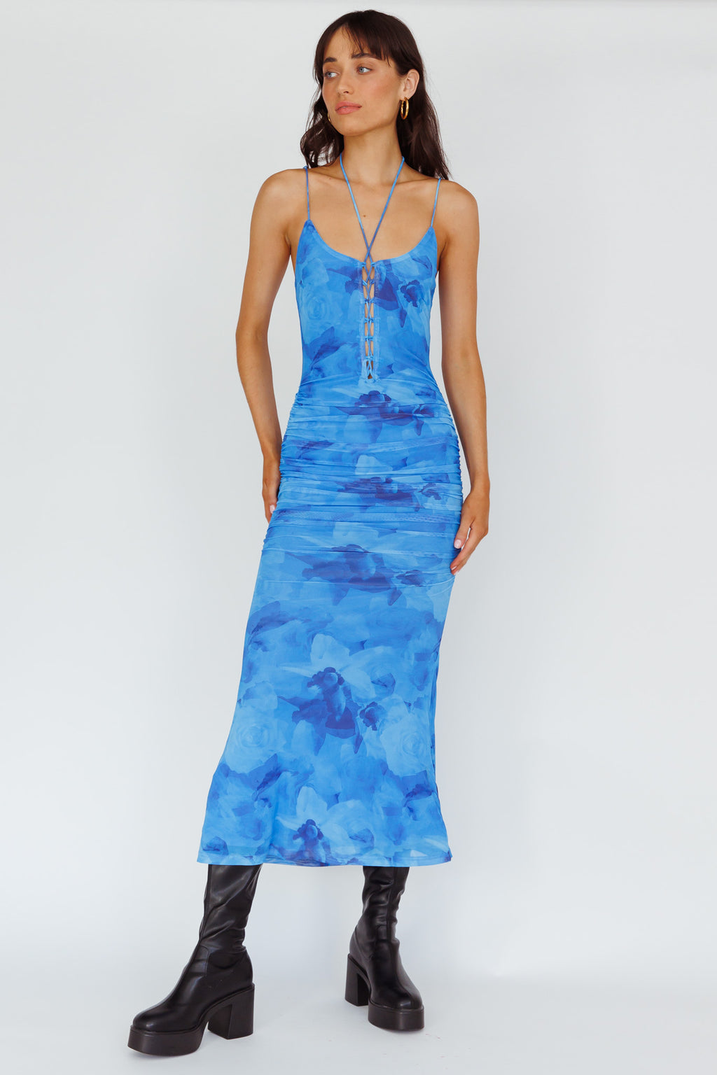 Gypsy Garden Laced Bodice Ruched Midi Dress Blue by Selfie Leslie Australia