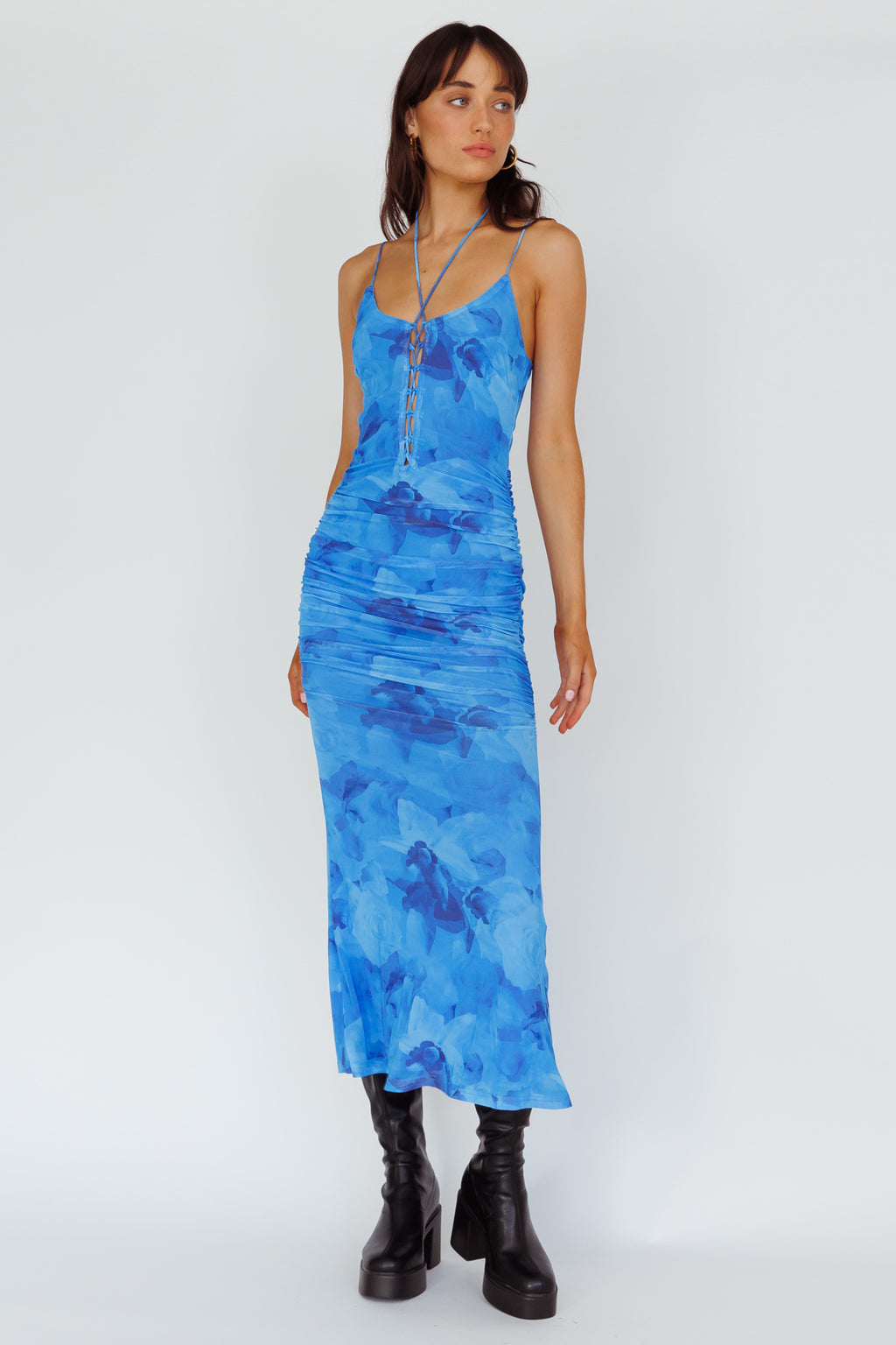 Gypsy Garden Laced Bodice Ruched Midi Dress Blue by Selfie Leslie Australia