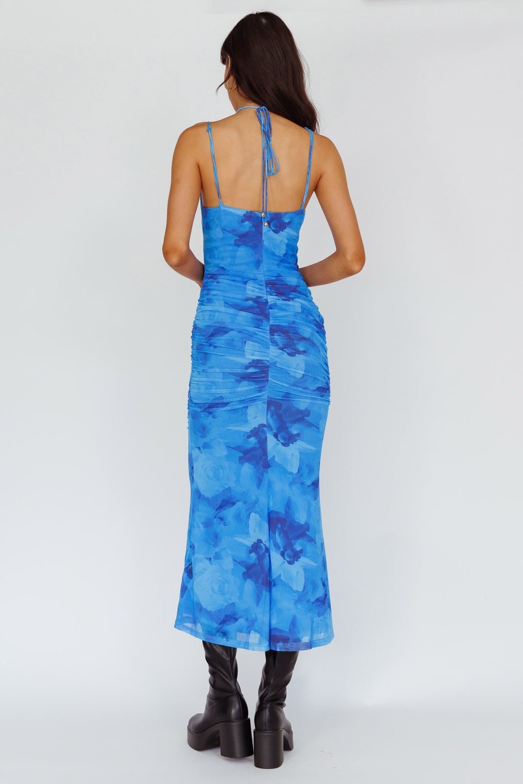 Gypsy Garden Laced Bodice Ruched Midi Dress Blue by Selfie Leslie Australia