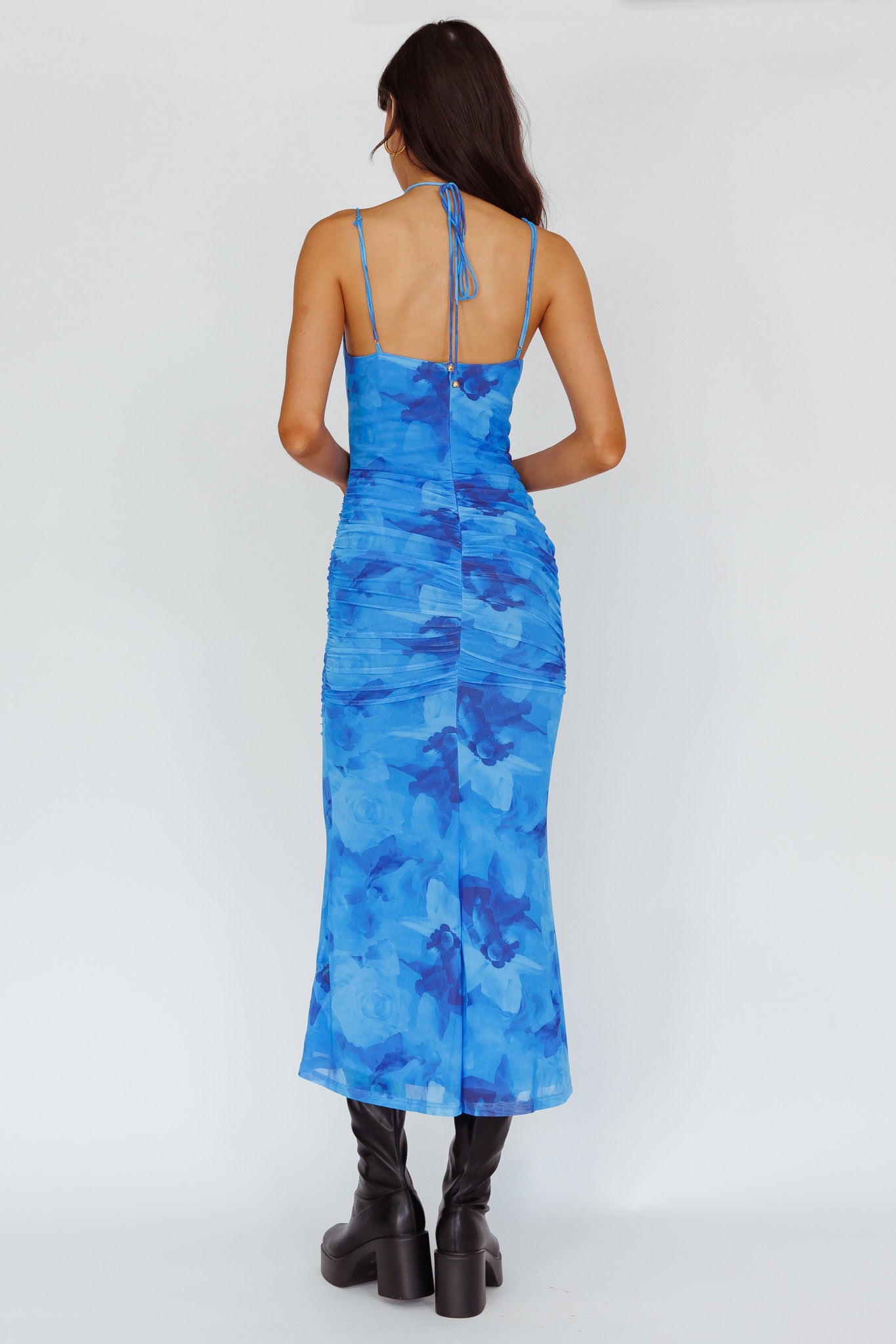 Gypsy Garden Laced Bodice Ruched Midi Dress Blue by Selfie Leslie Australia