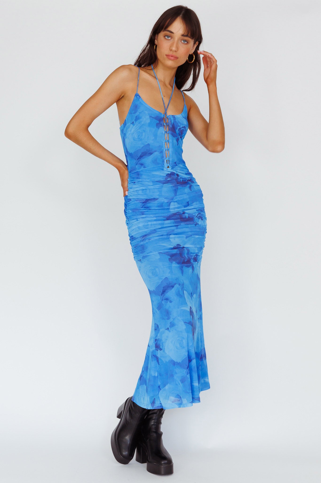Gypsy Garden Laced Bodice Ruched Midi Dress Blue by Selfie Leslie Australia