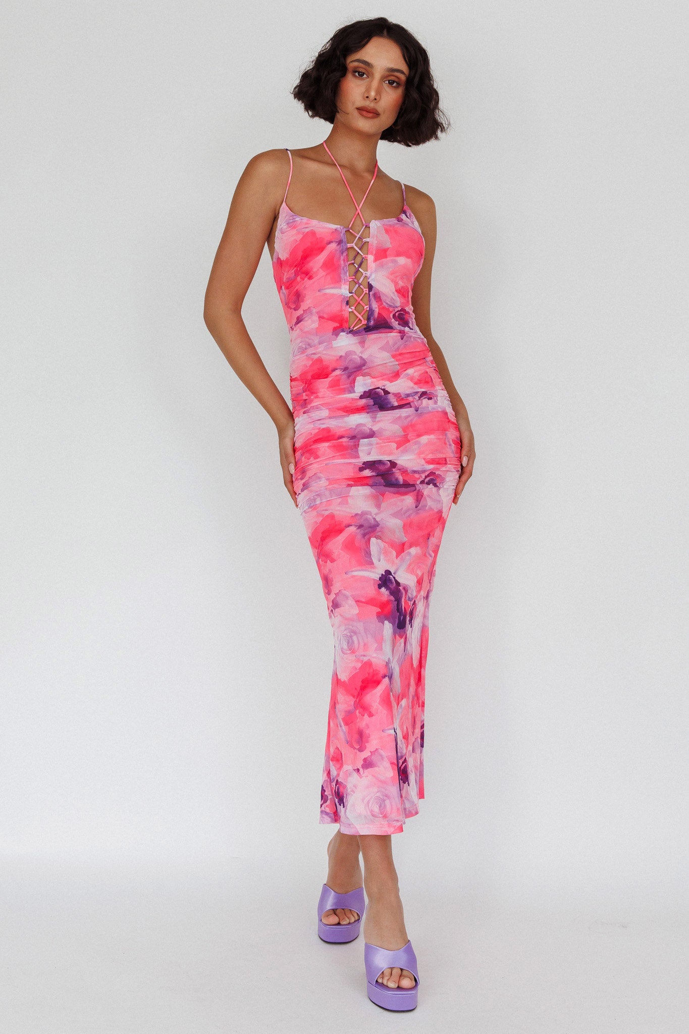 Gypsy Garden Laced Bodice Ruched Midi Dress Pink by Selfie Leslie Australia