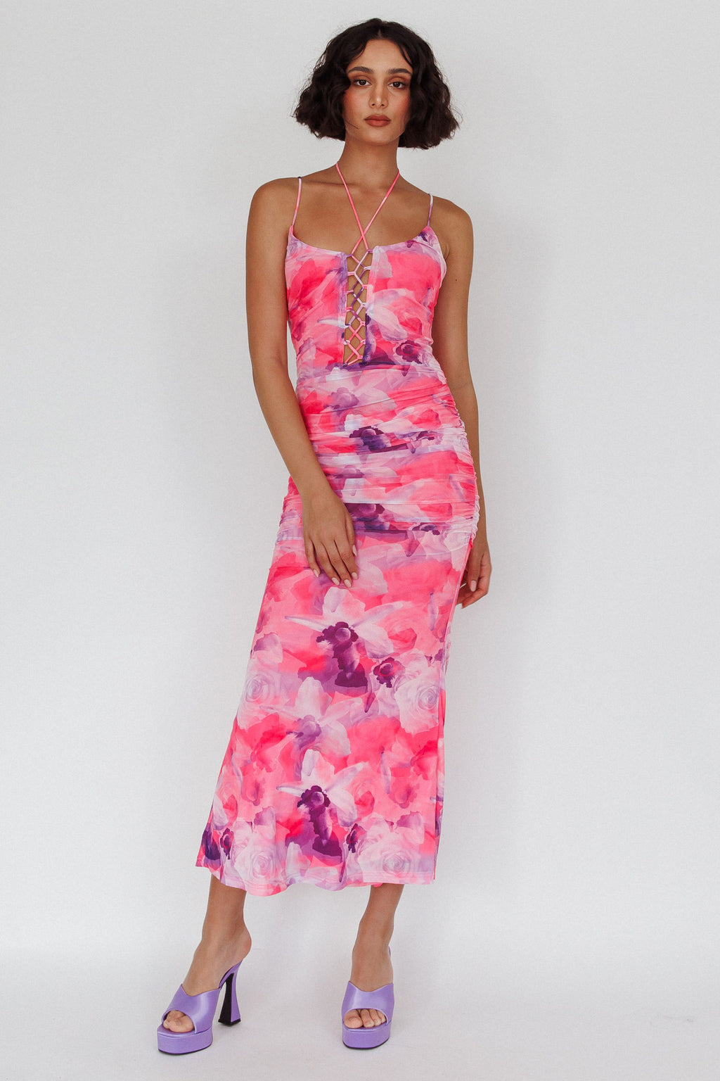 Gypsy Garden Laced Bodice Ruched Midi Dress Pink by Selfie Leslie Australia