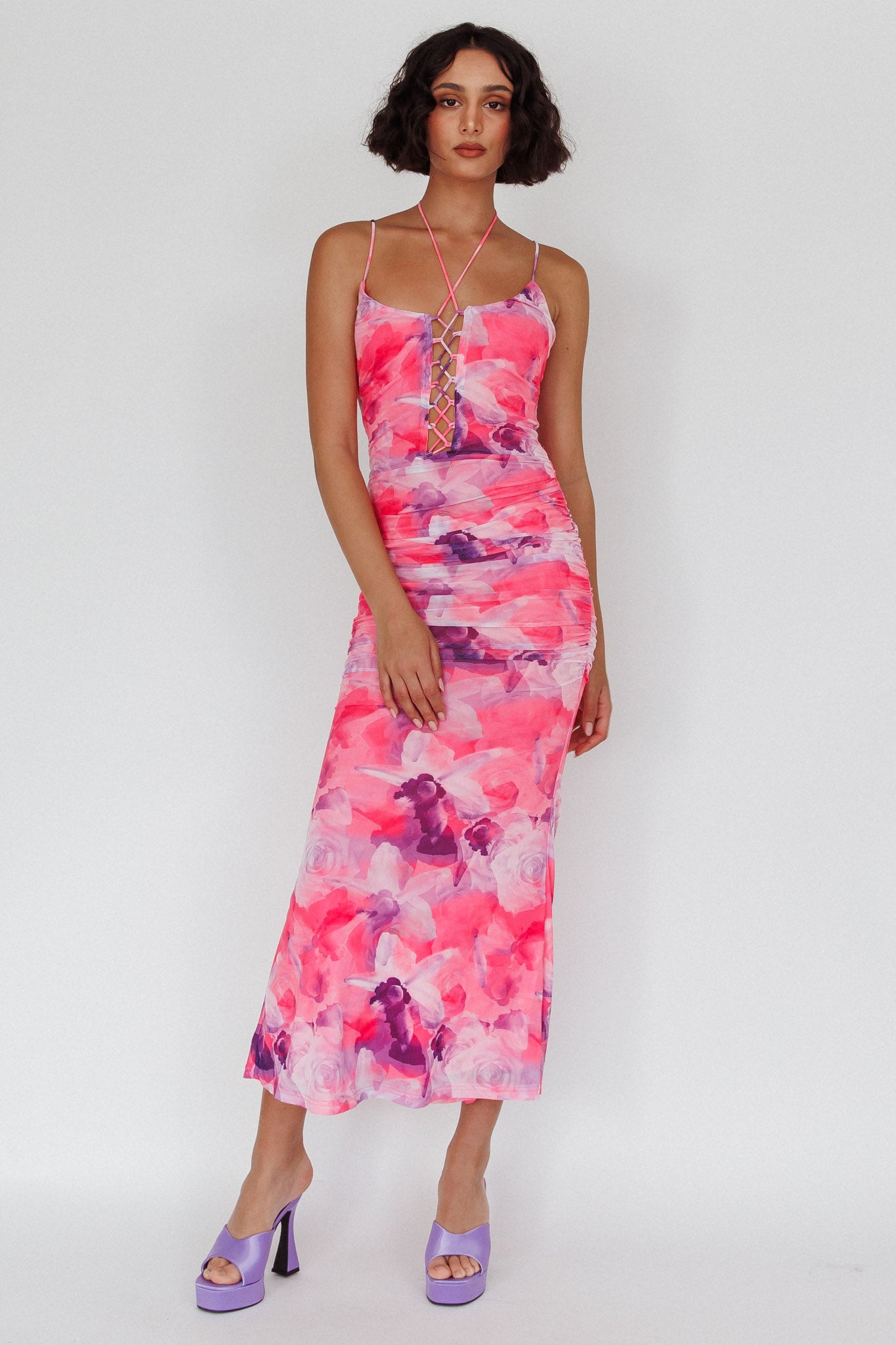 Gypsy Garden Laced Bodice Ruched Midi Dress Pink by Selfie Leslie Australia