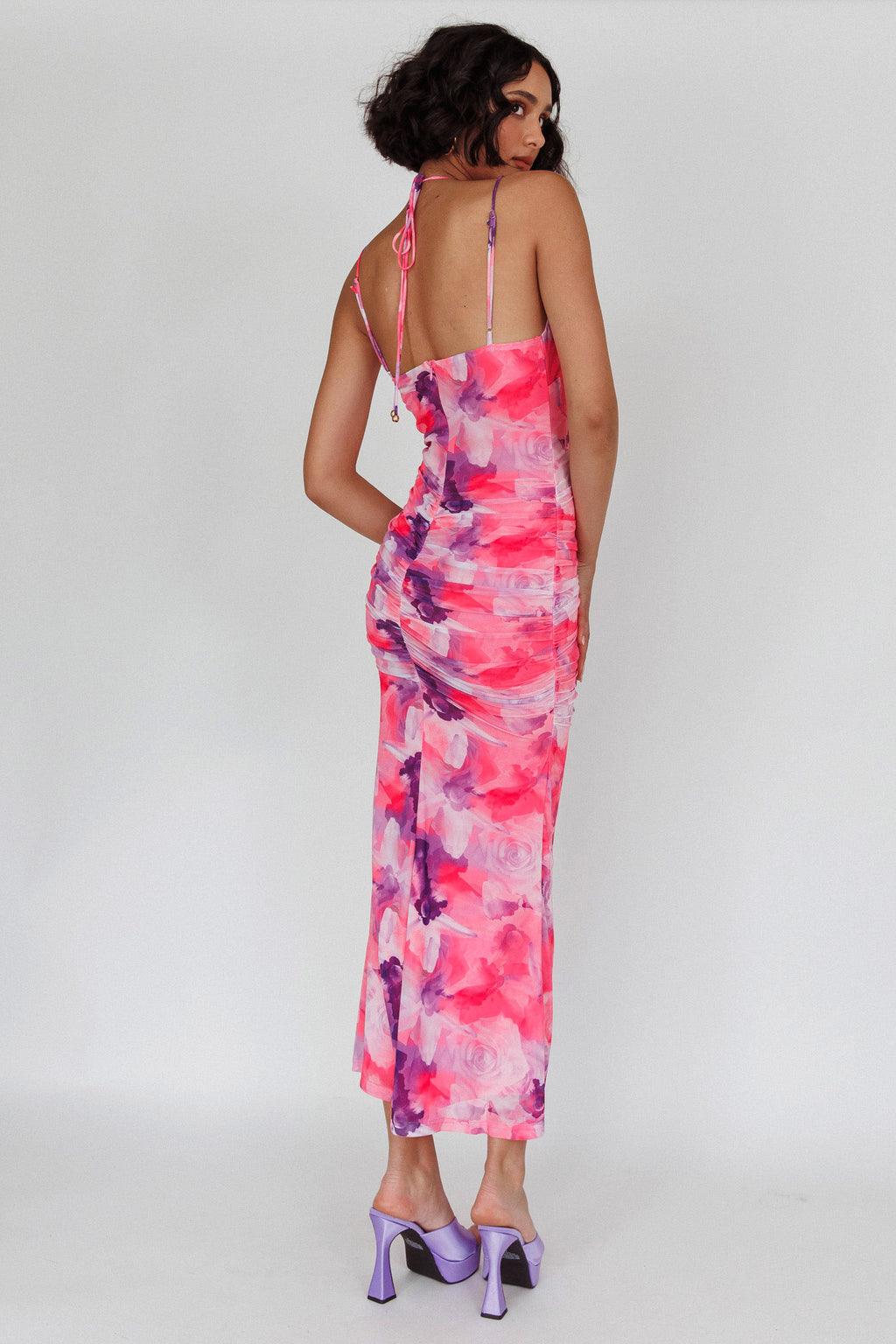 Gypsy Garden Laced Bodice Ruched Midi Dress Pink by Selfie Leslie Australia