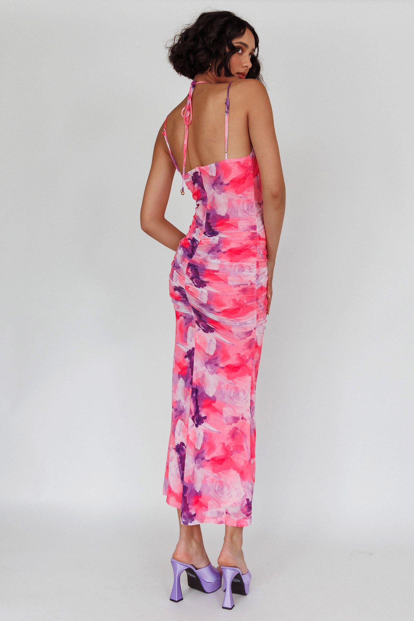 Gypsy Garden Laced Bodice Ruched Midi Dress Pink by Selfie Leslie Australia