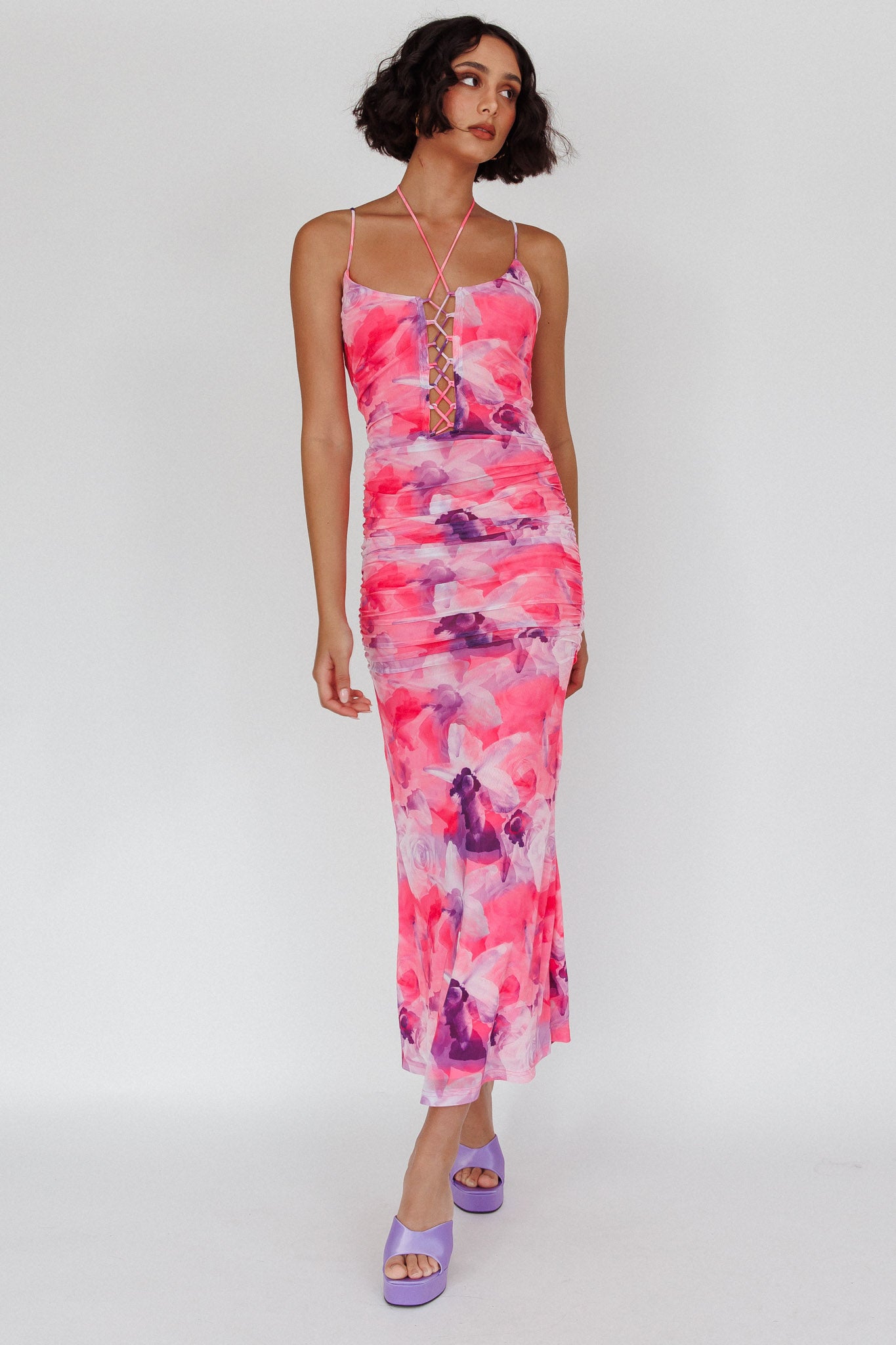 Gypsy Garden Laced Bodice Ruched Midi Dress Pink by Selfie Leslie Australia