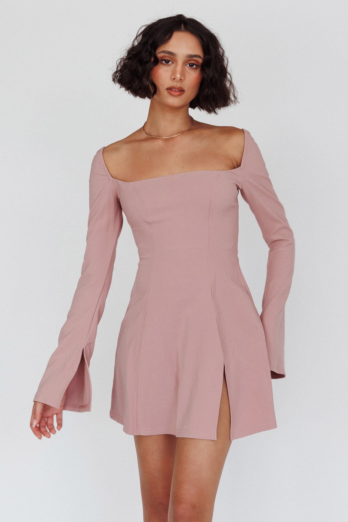 Kieran Long Sleeve A-Line Mini Dress Blush by Selfie Leslie Australia