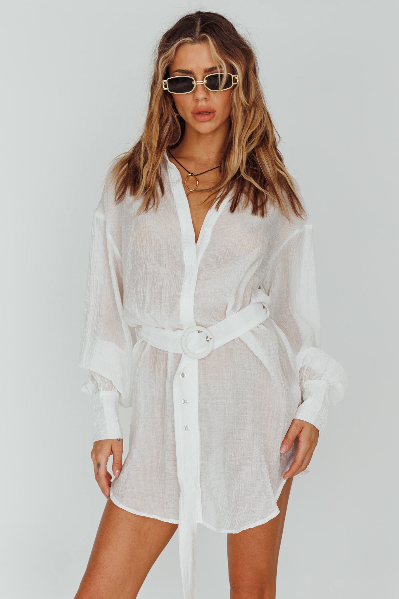 Sady Long Sleeve Shirt Mini Dress White by Selfie Leslie Australia