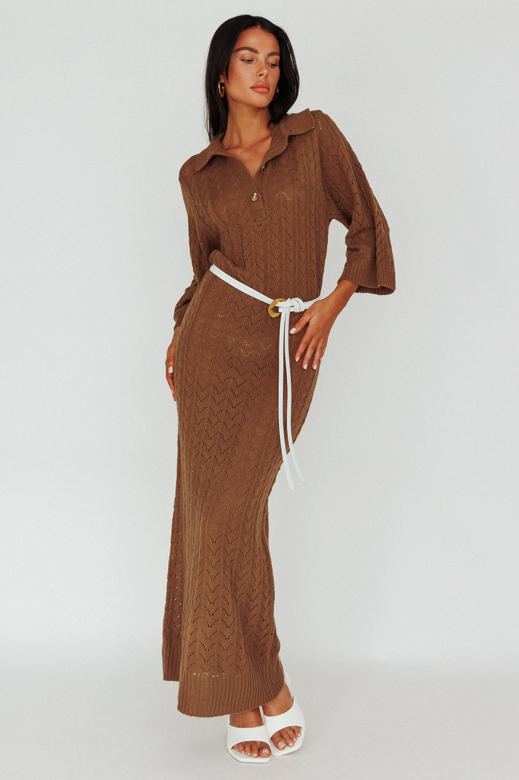 Alouette 3/4 Sleeve Crochet Midi Dress Cocoa by Selfie Leslie Australia