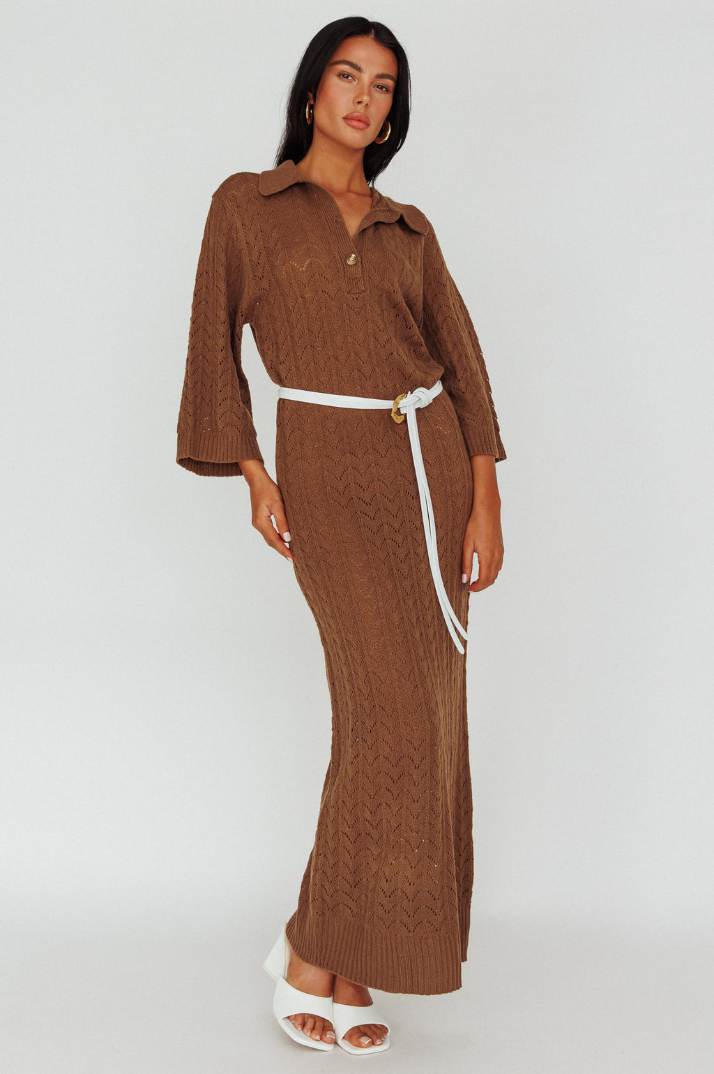 Alouette 3/4 Sleeve Crochet Midi Dress Cocoa by Selfie Leslie Australia