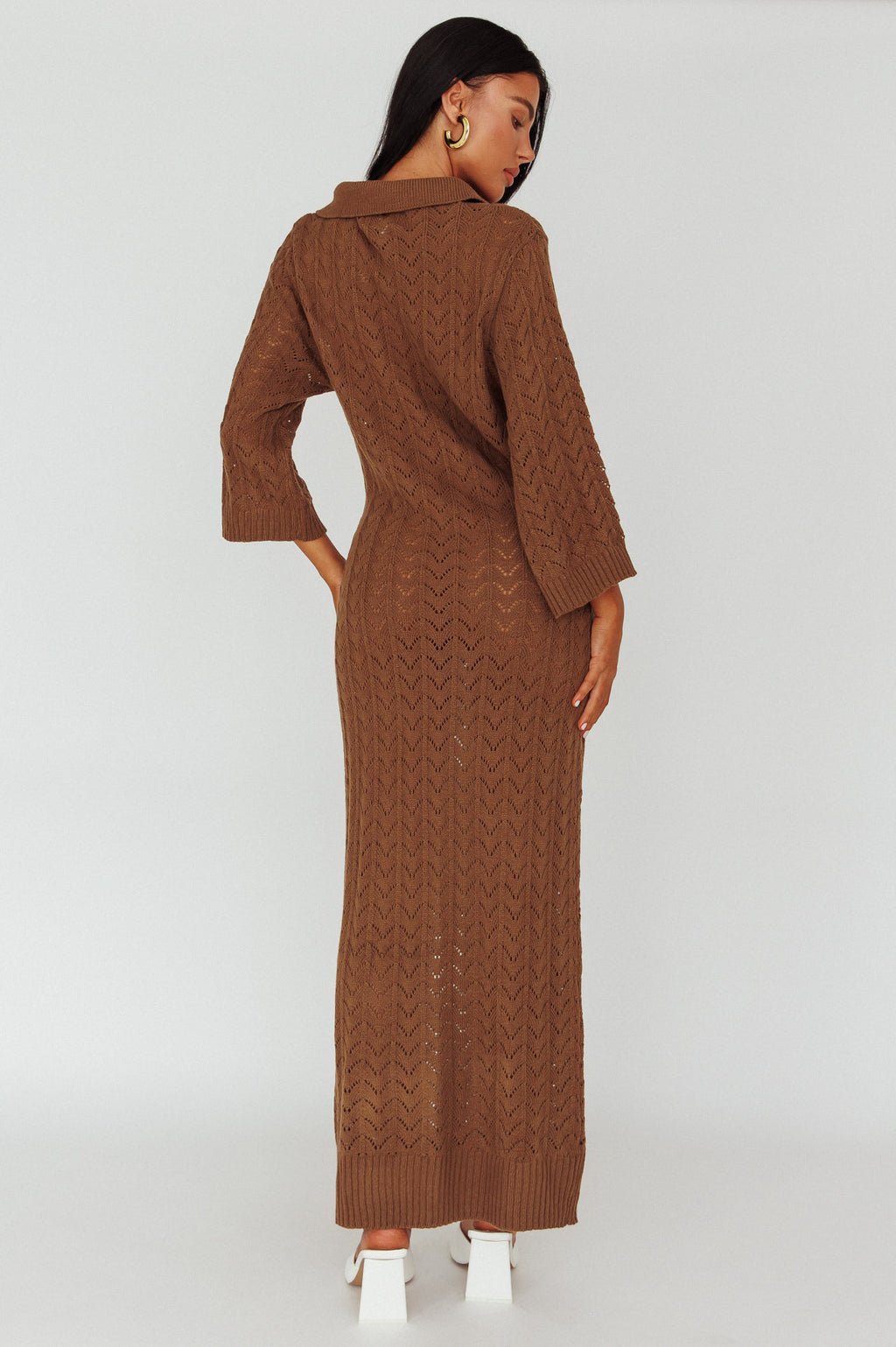 Alouette 3/4 Sleeve Crochet Midi Dress Cocoa by Selfie Leslie Australia