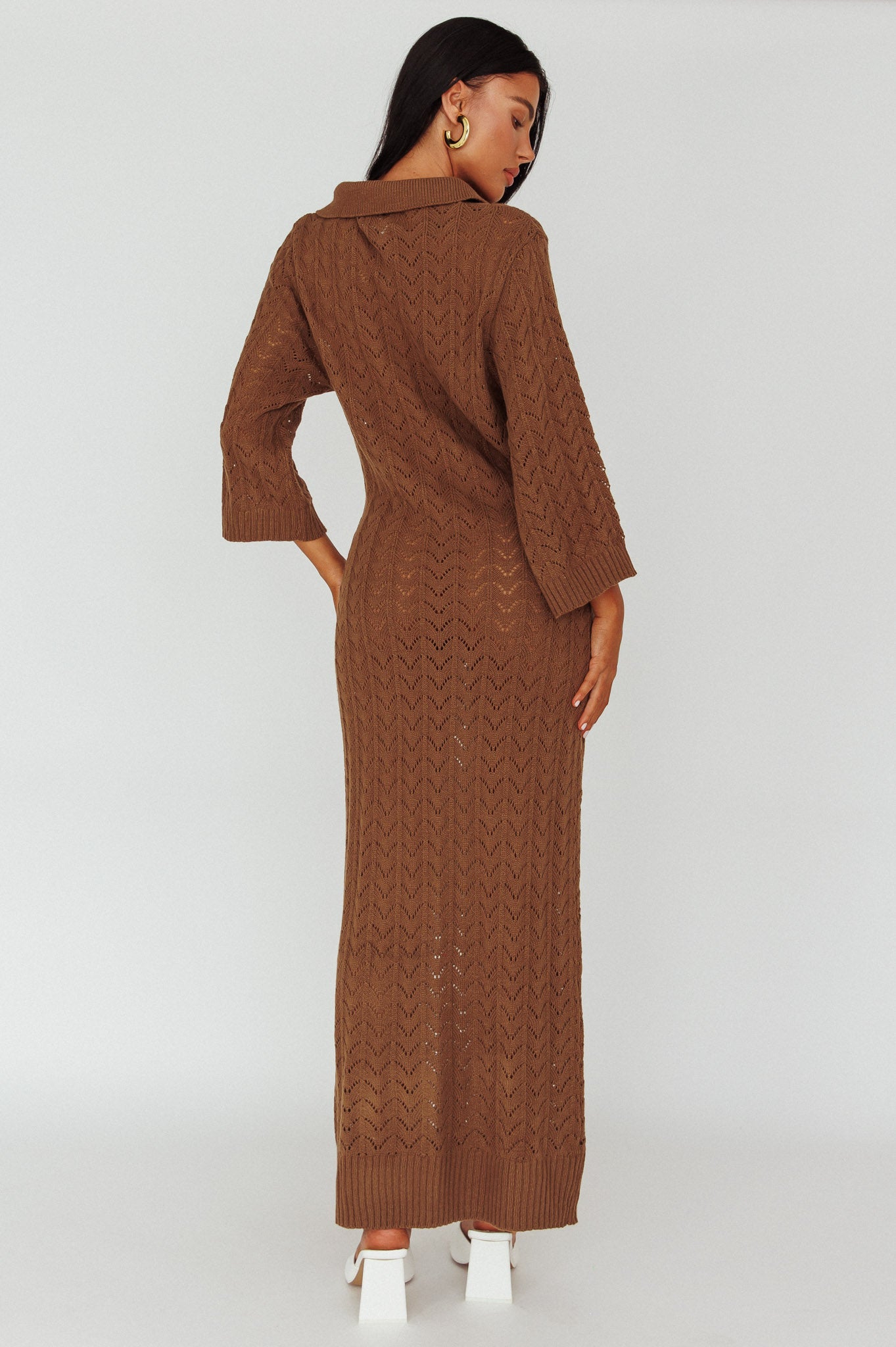 Alouette 3/4 Sleeve Crochet Midi Dress Cocoa by Selfie Leslie Australia