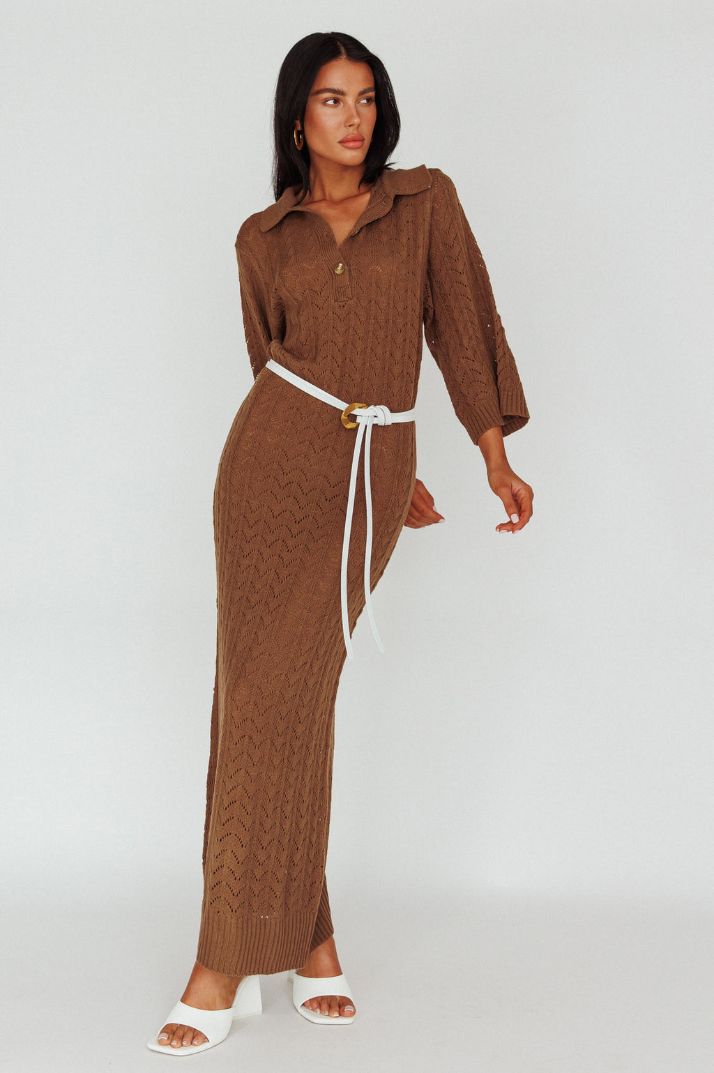 Alouette 3/4 Sleeve Crochet Midi Dress Cocoa by Selfie Leslie Australia
