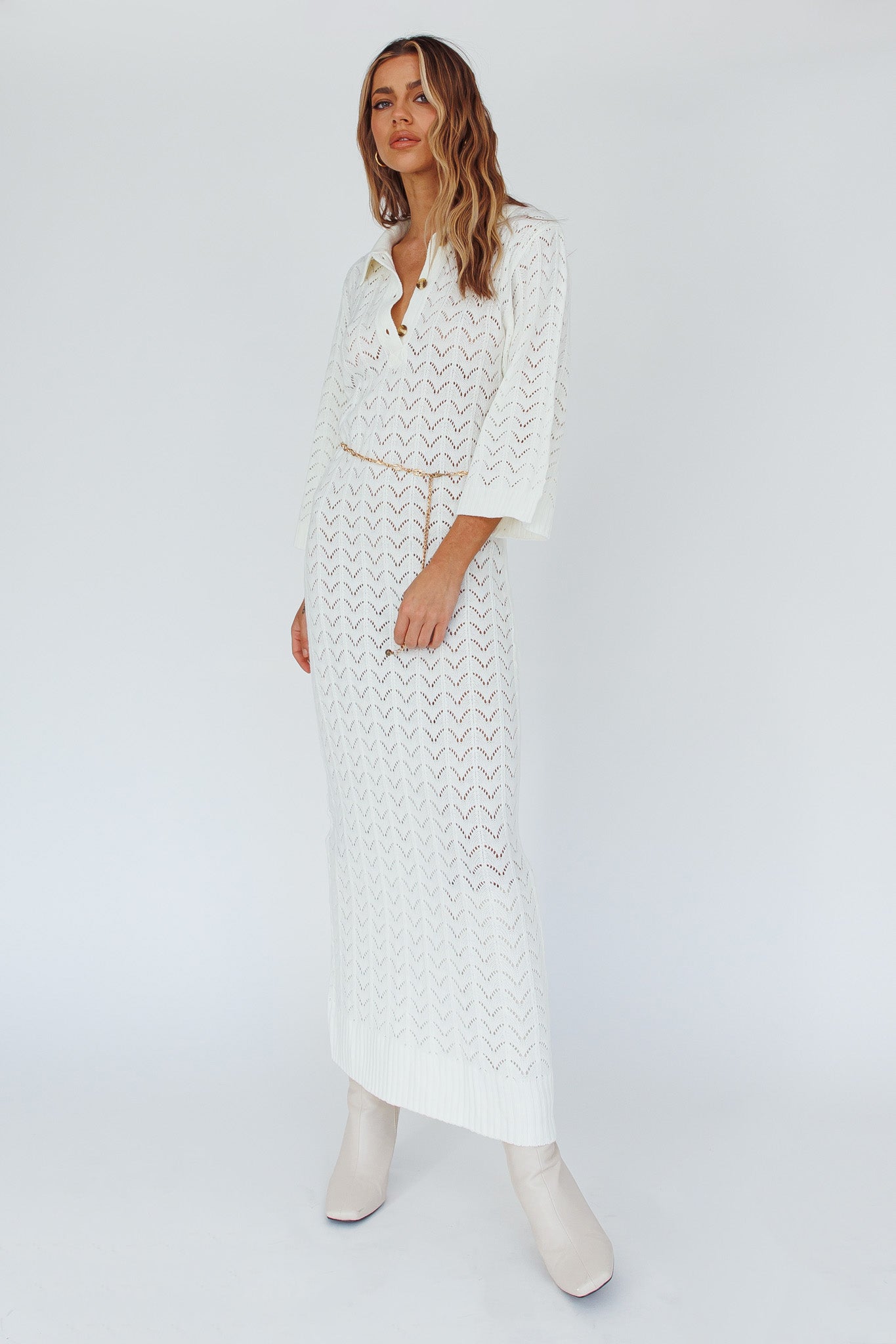 Alouette 3/4 Sleeve Crochet Midi Dress Cream by Selfie Leslie Australia