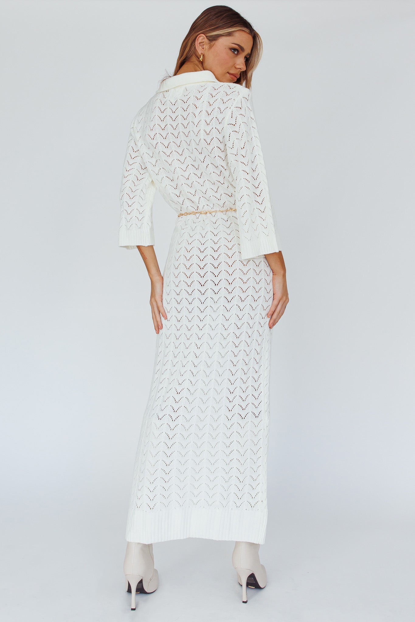 Alouette 3/4 Sleeve Crochet Midi Dress Cream by Selfie Leslie Australia