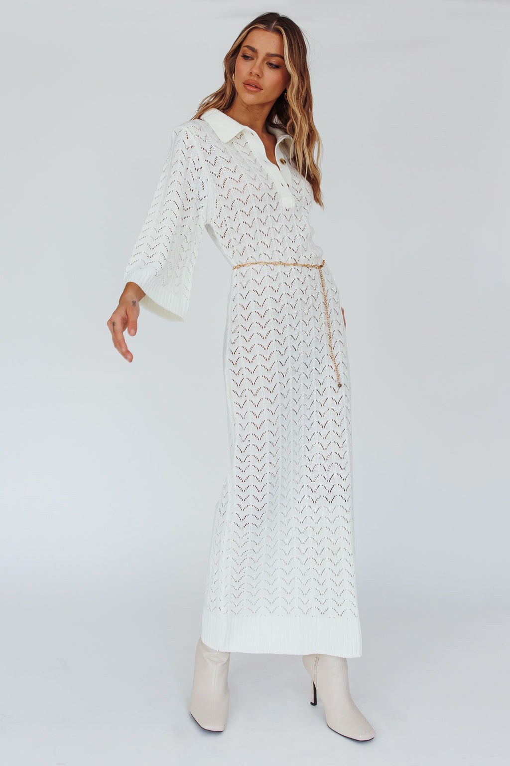 Alouette 3/4 Sleeve Crochet Midi Dress Cream by Selfie Leslie Australia