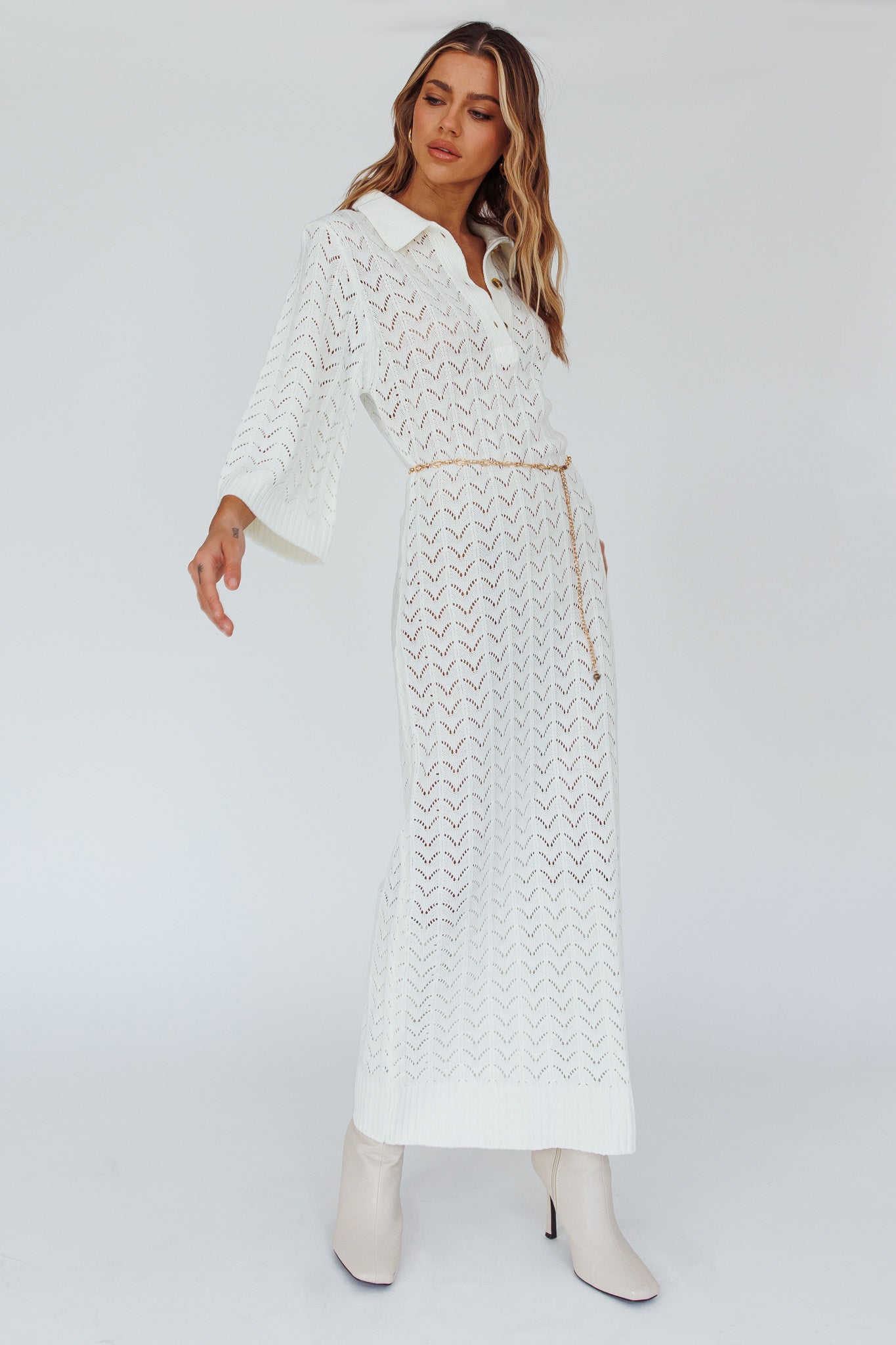 Alouette 3/4 Sleeve Crochet Midi Dress Cream by Selfie Leslie Australia