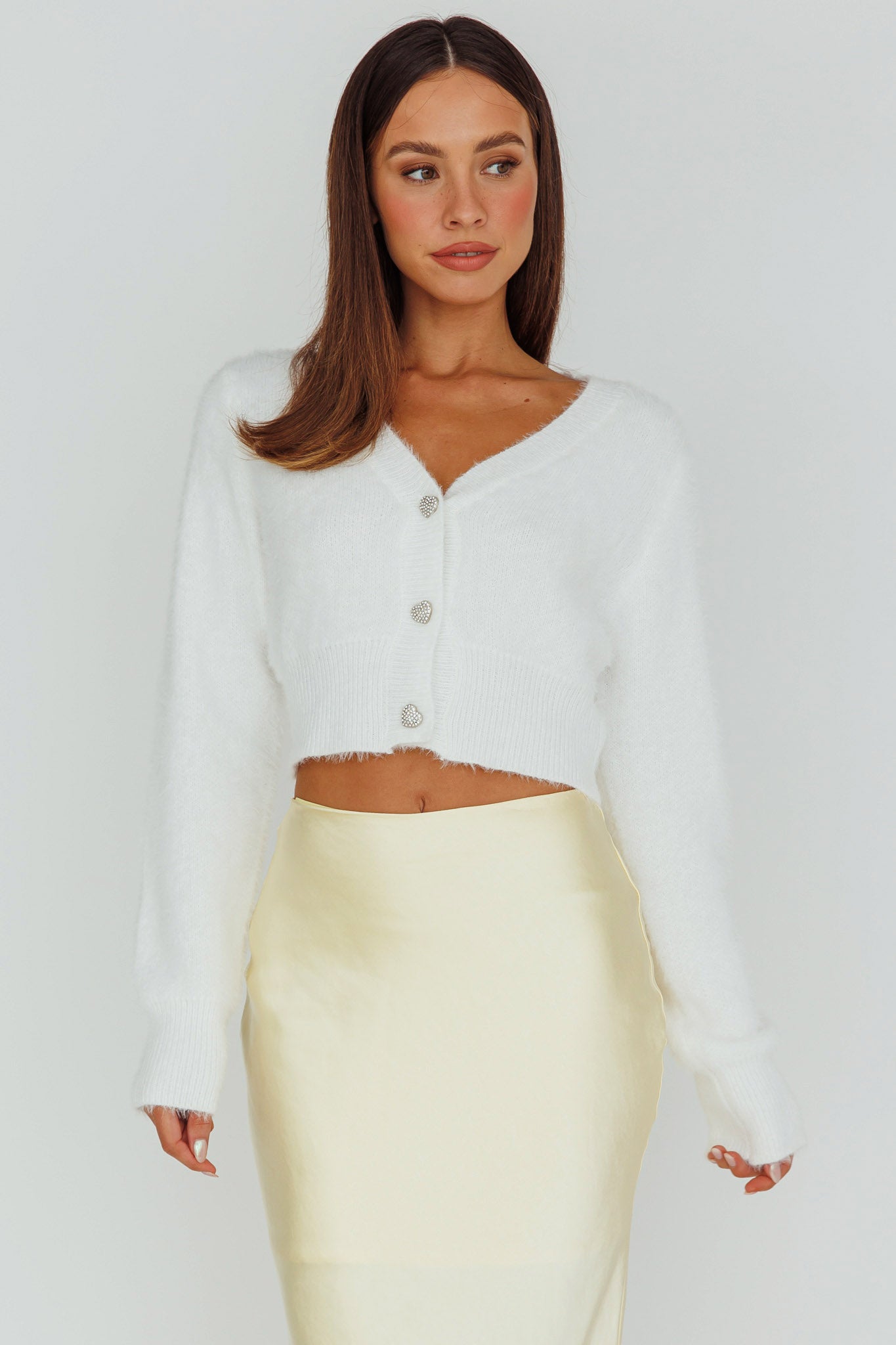 Chica Dulce Heart Button Knit Crop Top Cream by Selfie Leslie Australia