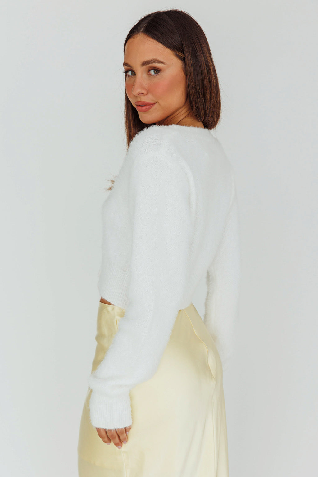 Chica Dulce Heart Button Knit Crop Top Cream by Selfie Leslie Australia