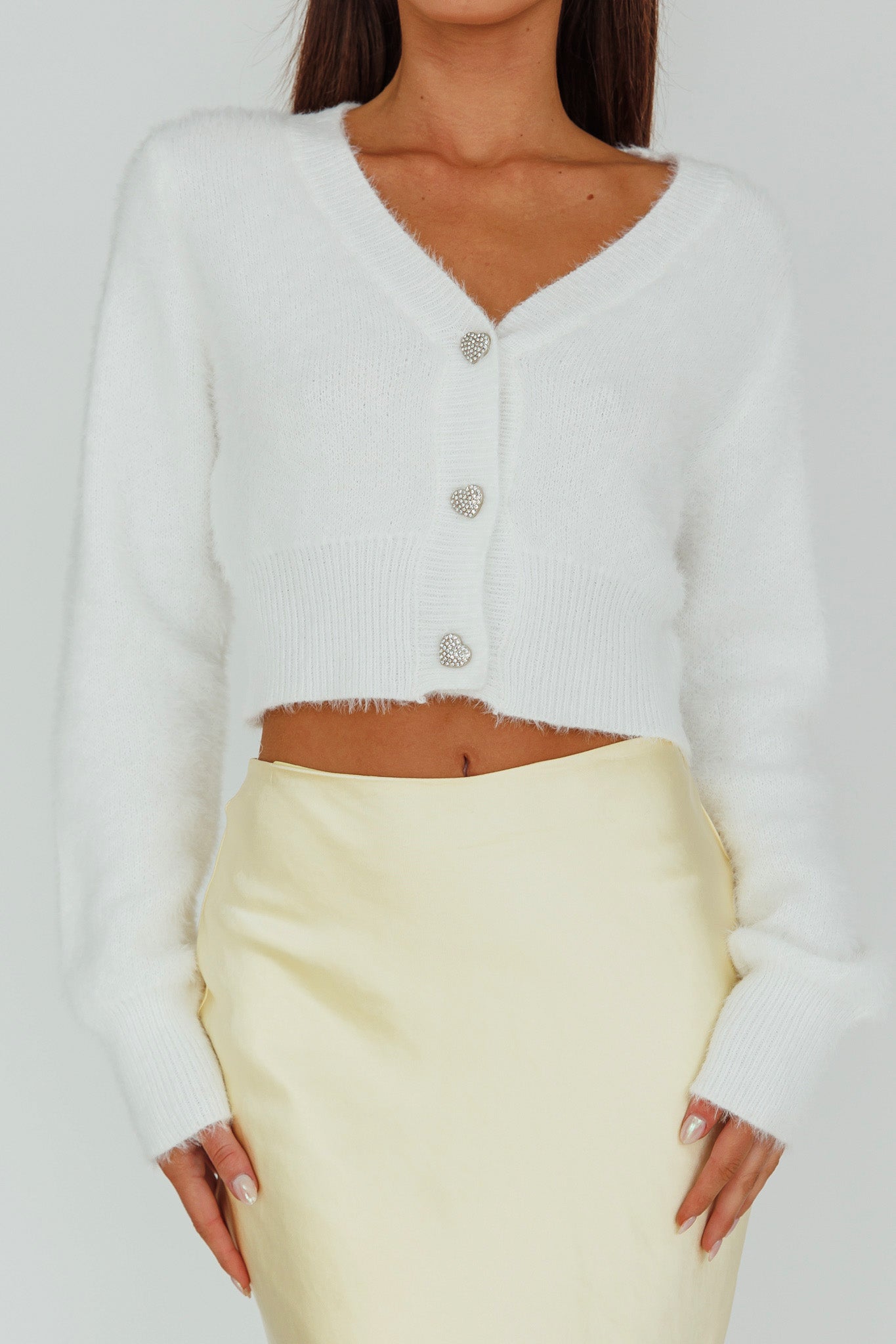 Chica Dulce Heart Button Knit Crop Top Cream by Selfie Leslie Australia
