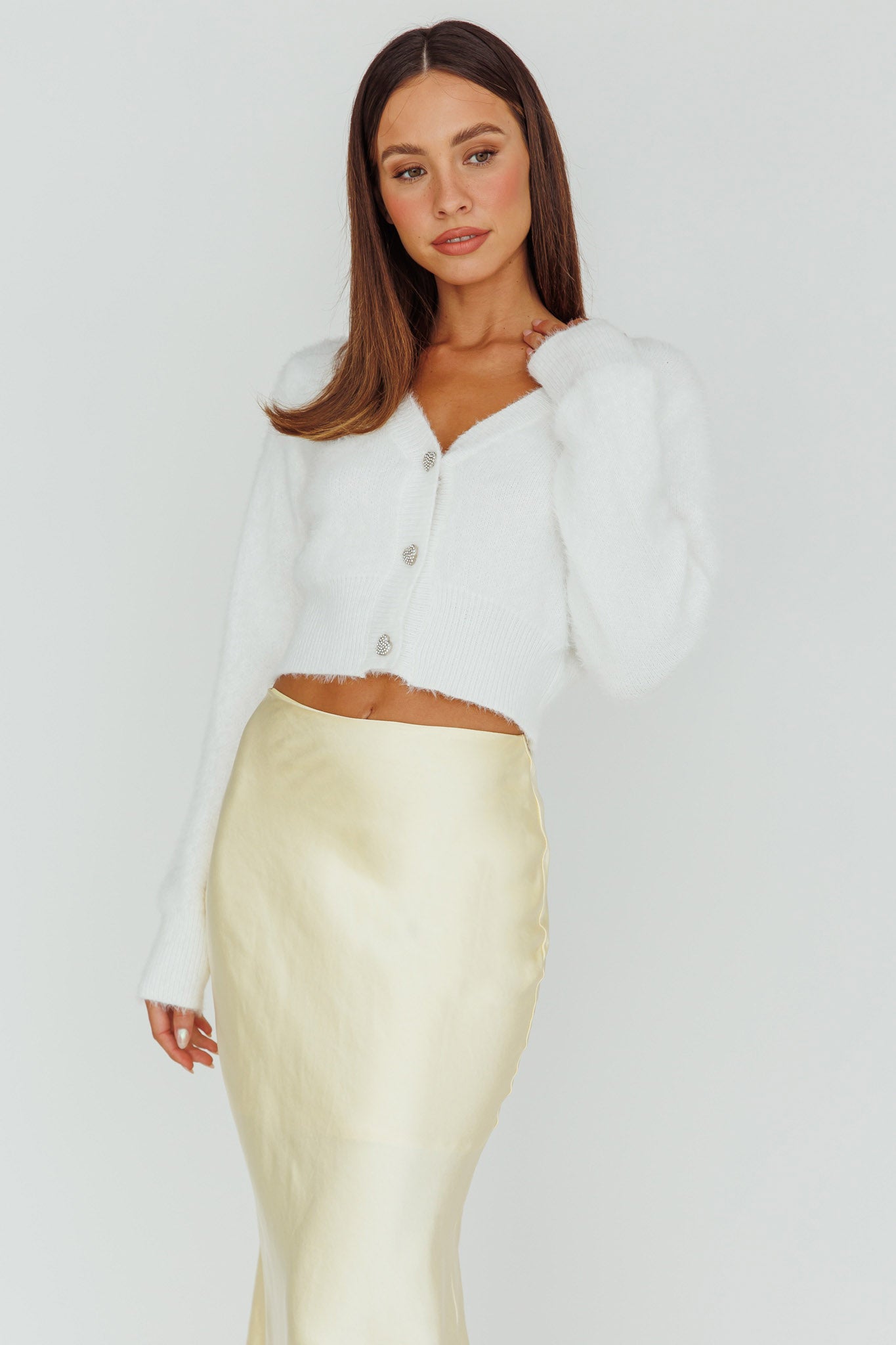 Chica Dulce Heart Button Knit Crop Top Cream by Selfie Leslie Australia