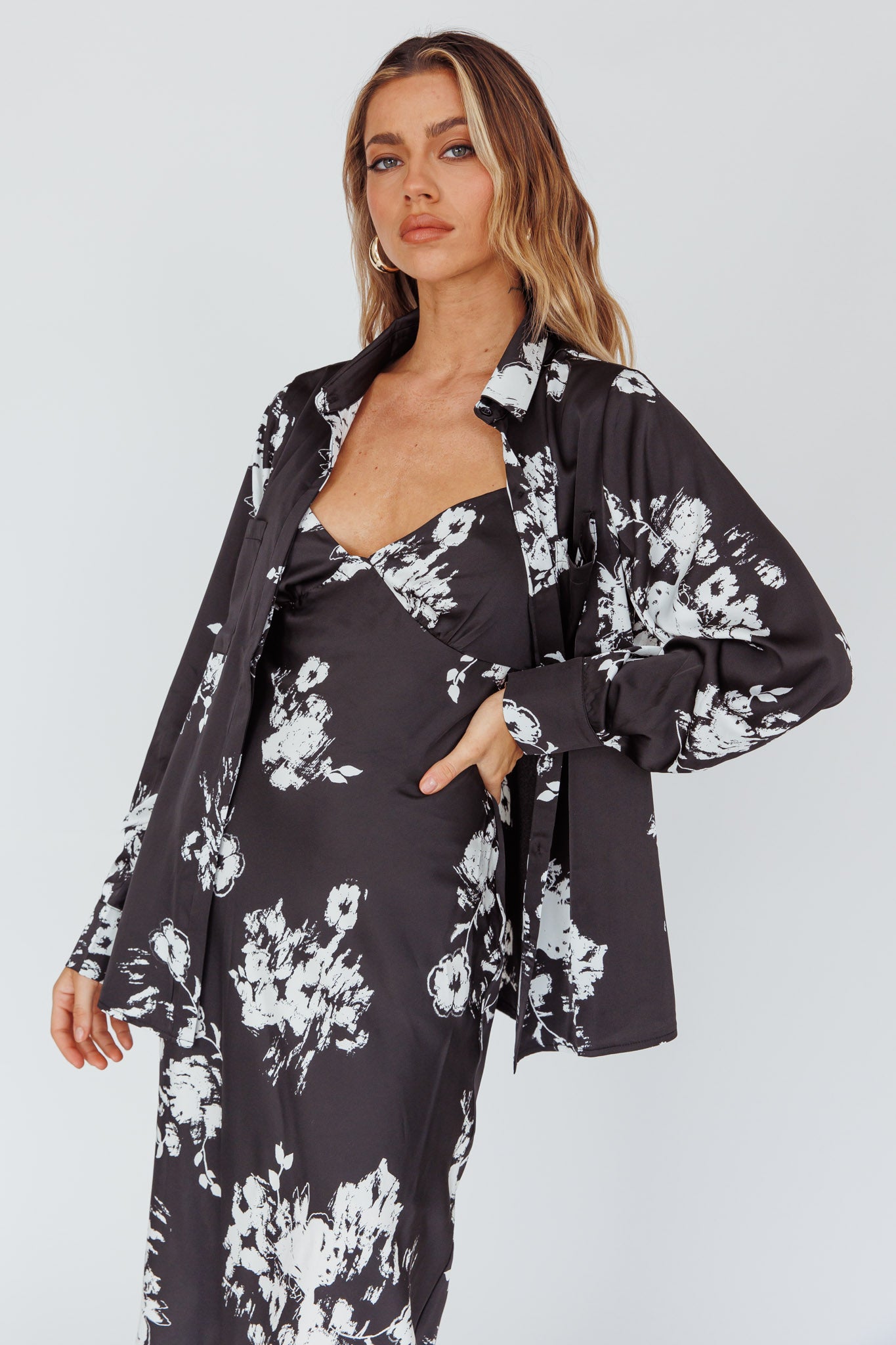 Dillon Long Sleeve Satin Shirt Floral Black by Selfie Leslie Australia