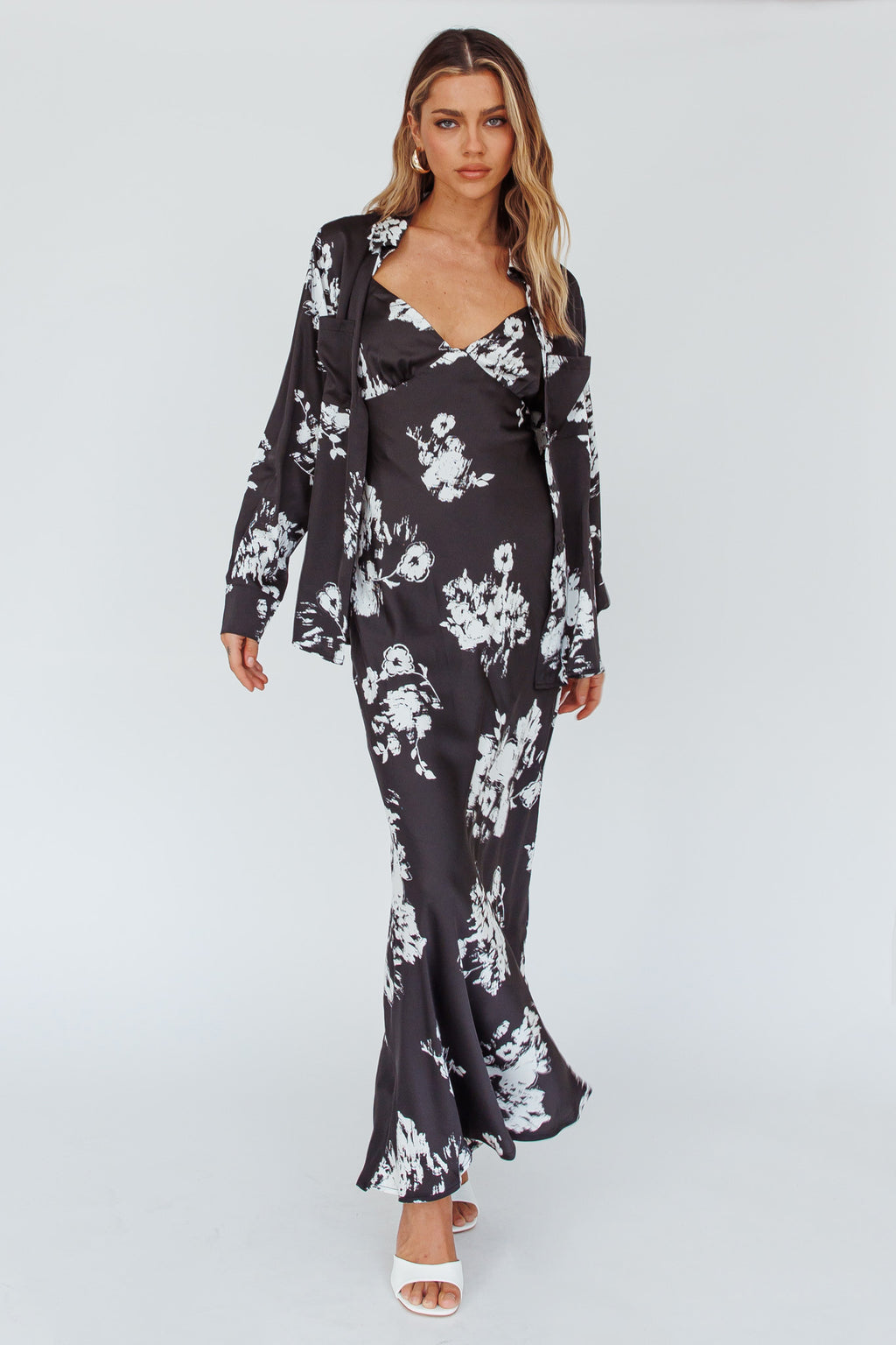 Dillon Long Sleeve Satin Shirt Floral Black by Selfie Leslie Australia