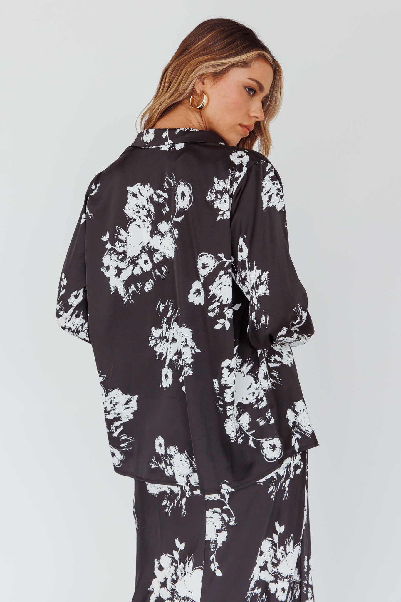 Dillon Long Sleeve Satin Shirt Floral Black by Selfie Leslie Australia